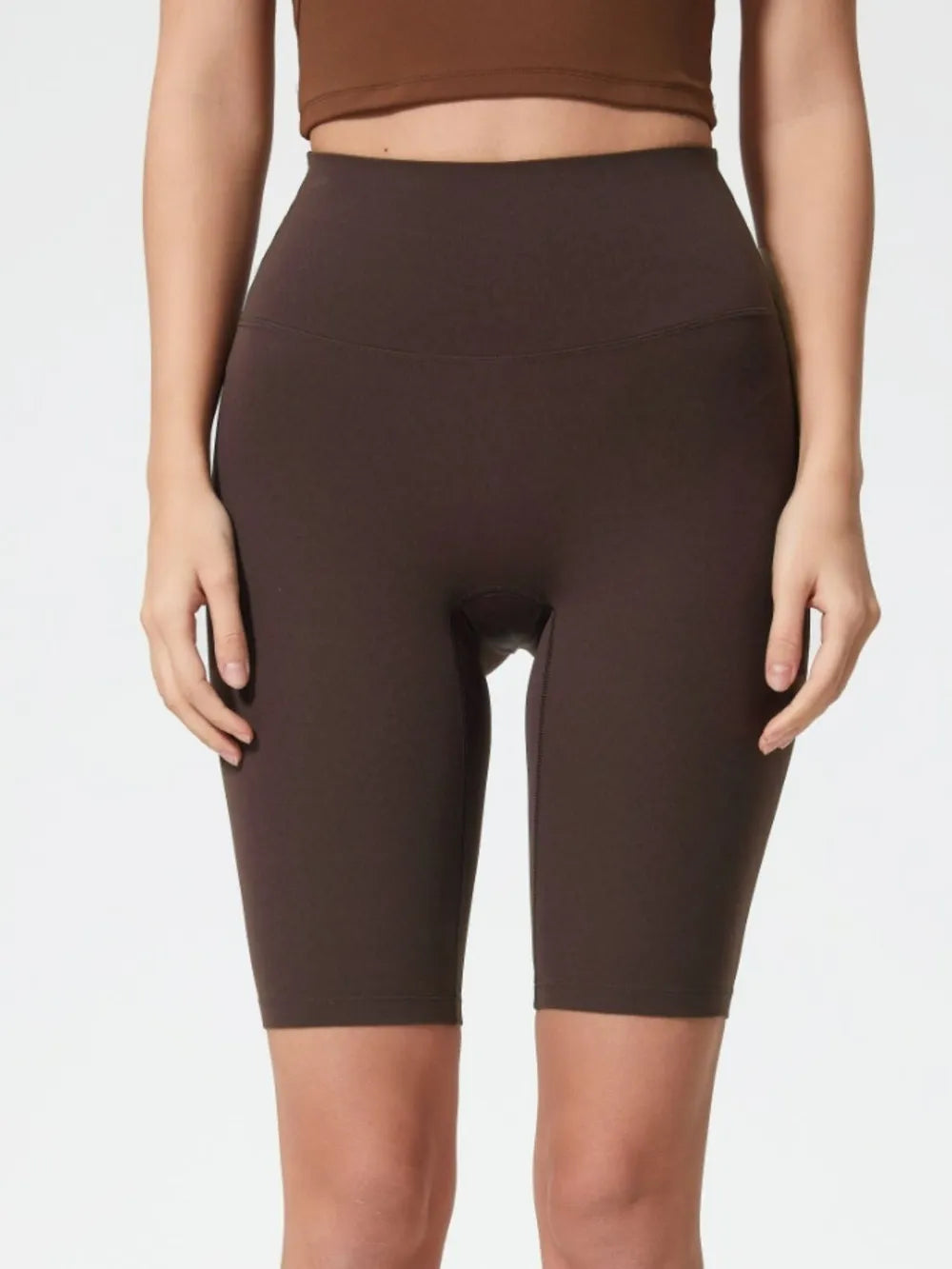 High Rise Wide Waistband Active Shorts in Dark Brown for Women