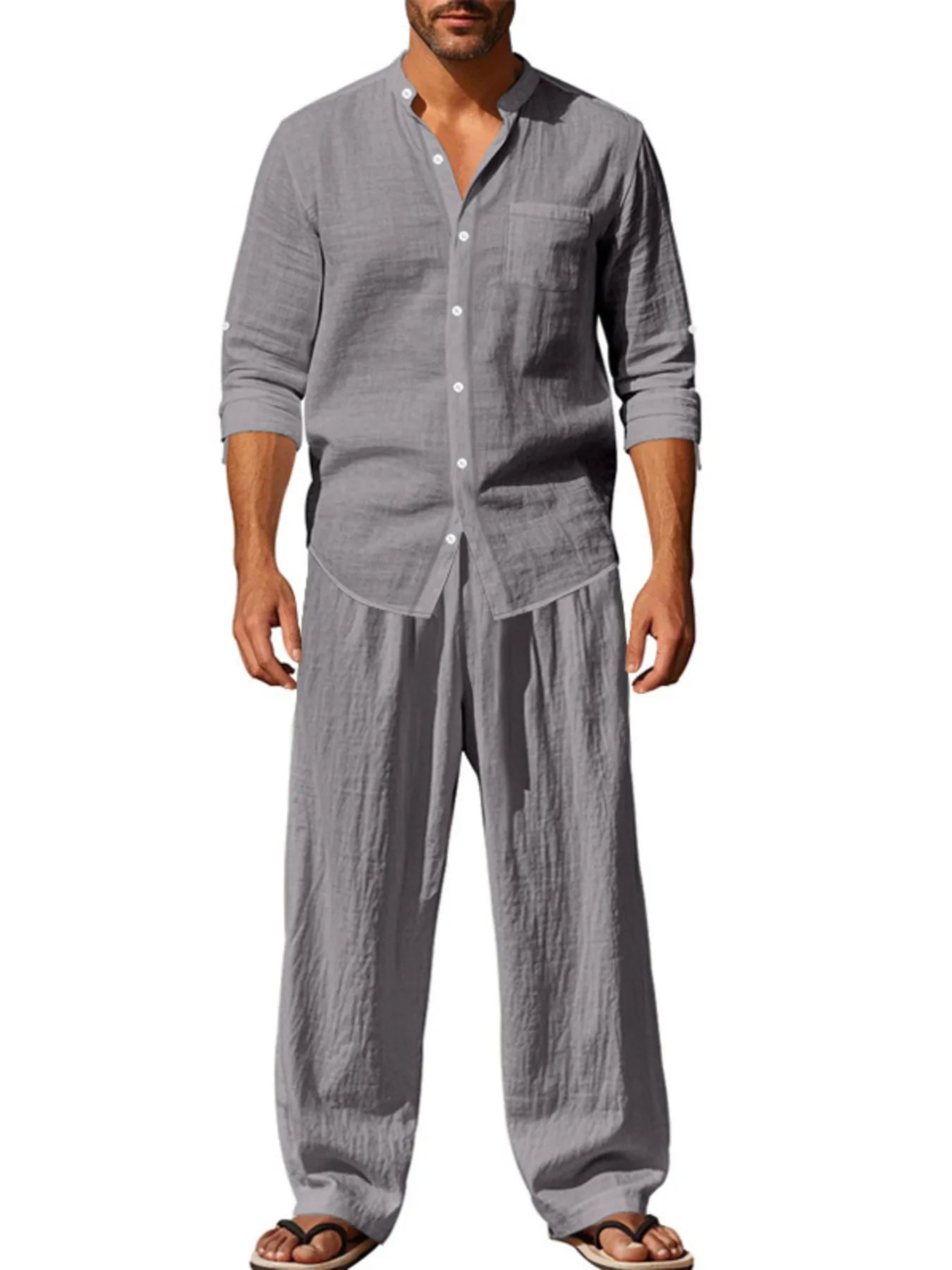 Button Up Shirt and Pants Set Plus Size in Black for Men