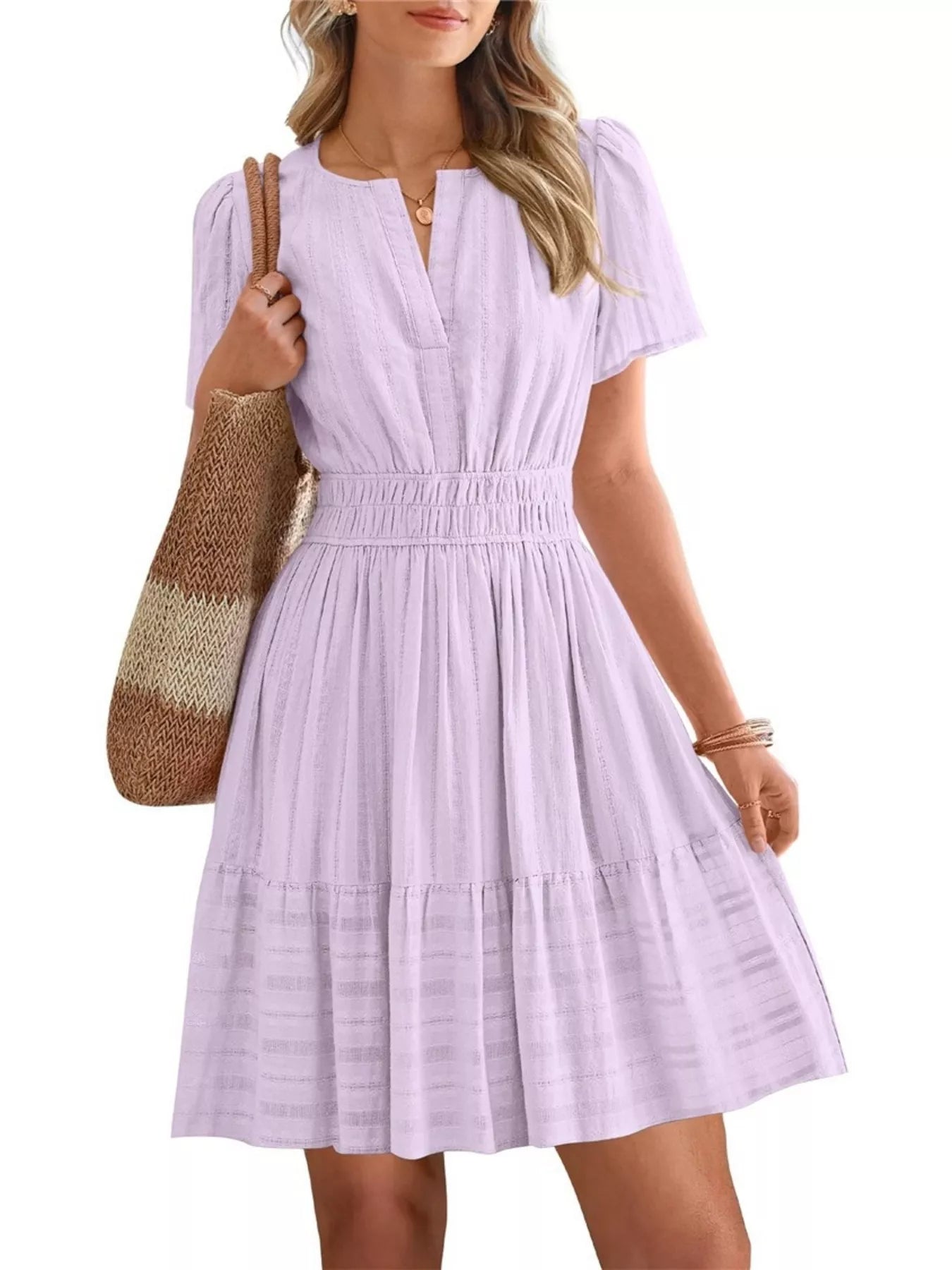 Short Sleeve Smocked Waist Tiered Dress in Light Green for Women