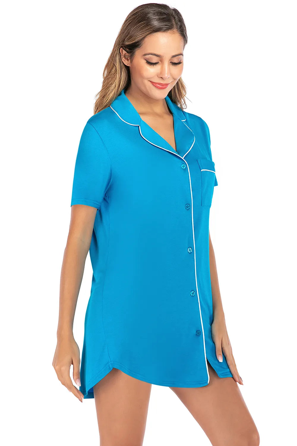 Contrast Piping Pocketed Short Sleeve Lounge Dress in Sky Blue for Women