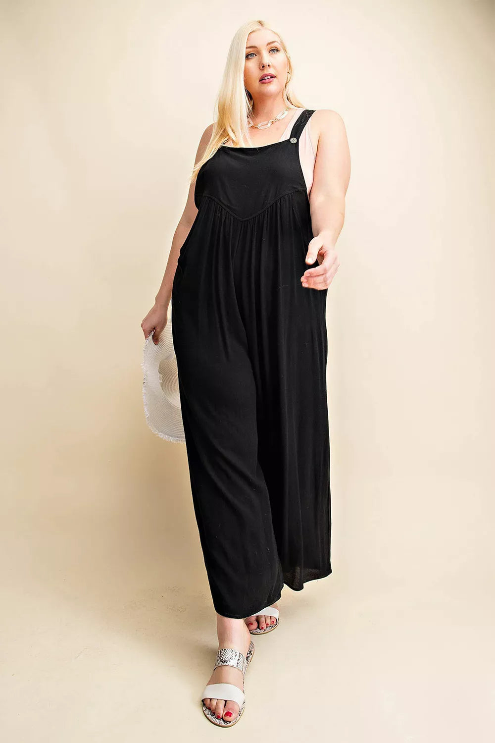 Kori America Plus Size Sleeveless Ruched Wide Leg Overalls in Black for Women