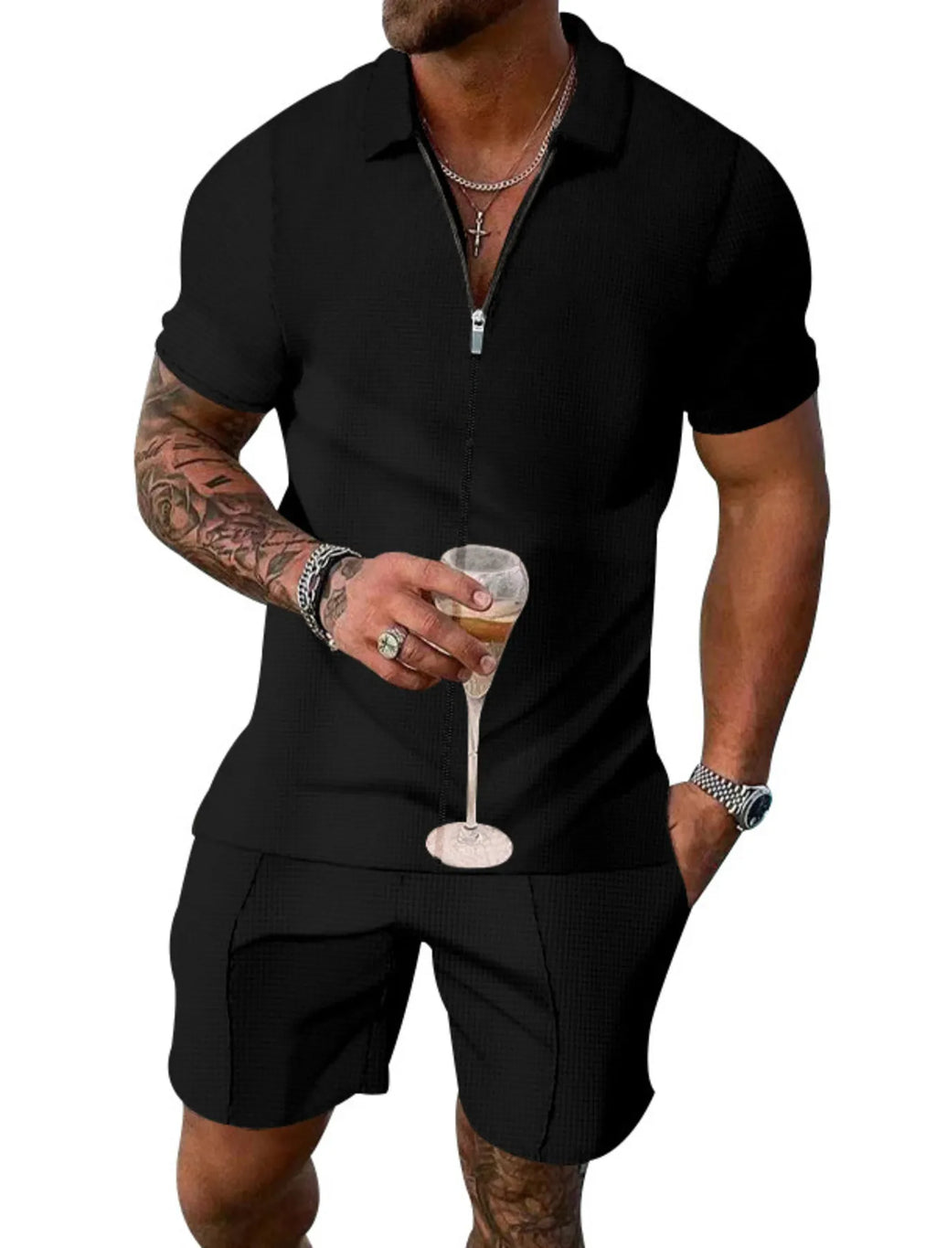 Plus Size Zip Up Short Sleeve Top and Shorts Set in Royal Blue for Men