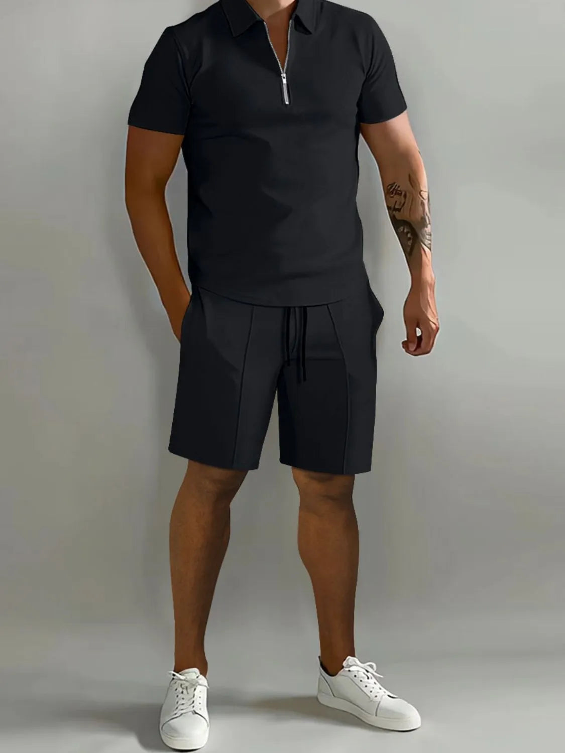 Collared Neck Short Sleeve Top and Shorts Set Plus Size in Gray for Men