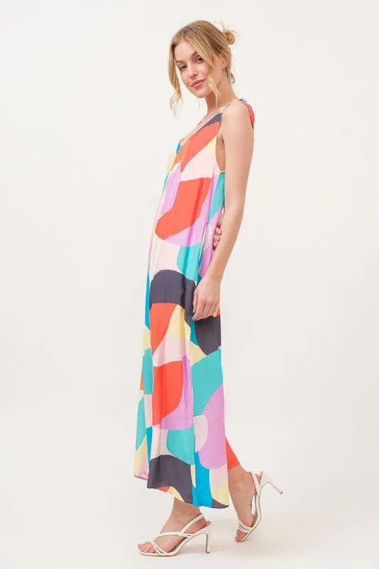 Tied Shoulder Straps Wide-Leg Geo Print Jumpsuit in Yellow Multi for Women
