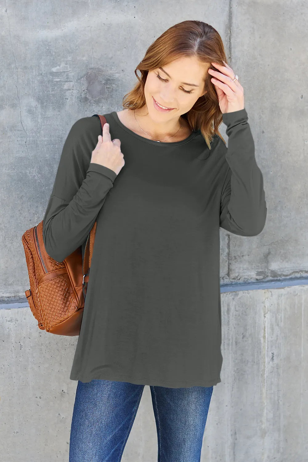 Plus Size Round Neck Dropped Shoulder T-Shirt for Women