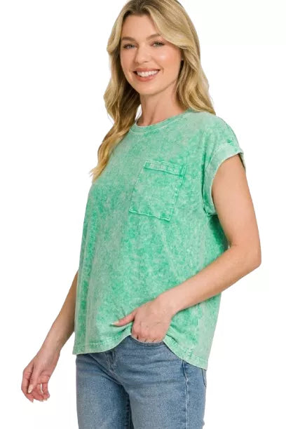 Halo Snow Washed Cuffed Short Sleeve Tee in Green for Women