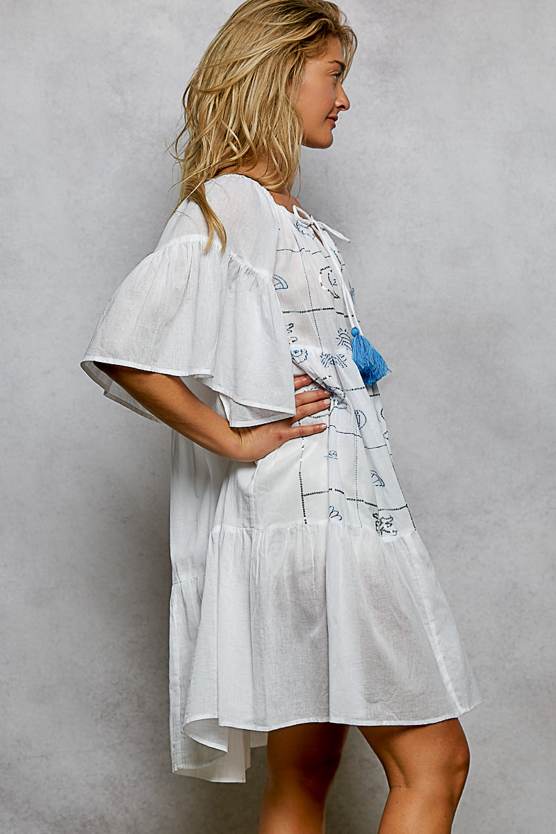 Tied Tassel Embroidery Half Flared Sleeve Mini Dress in Ivory for Women