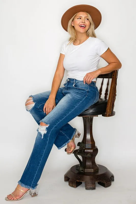 Plus Size Raw Hem Distressed High Rise Bootcut Jeans for Women