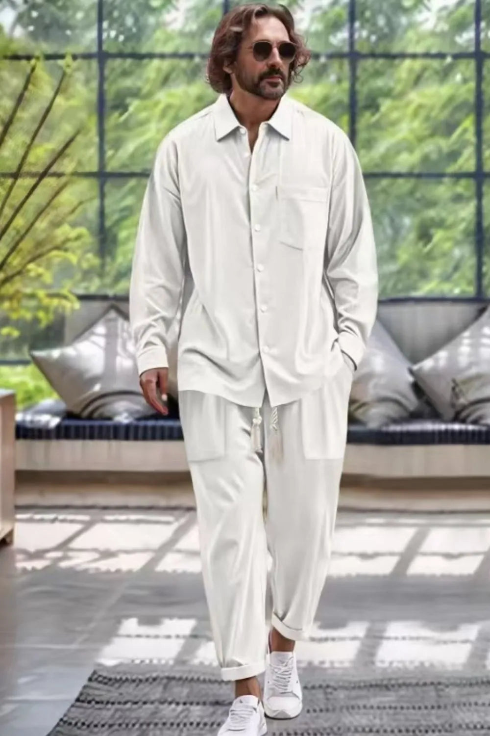 Collared Neck Long Sleeve Top and Pants Set Plus Size in Light Blue for Men