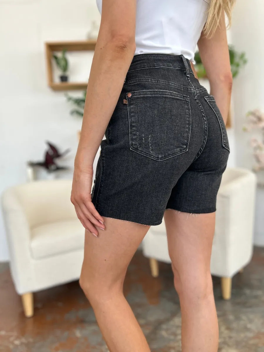 Plus Size High Waist Rigid Magic Denim Shorts in Black for Women