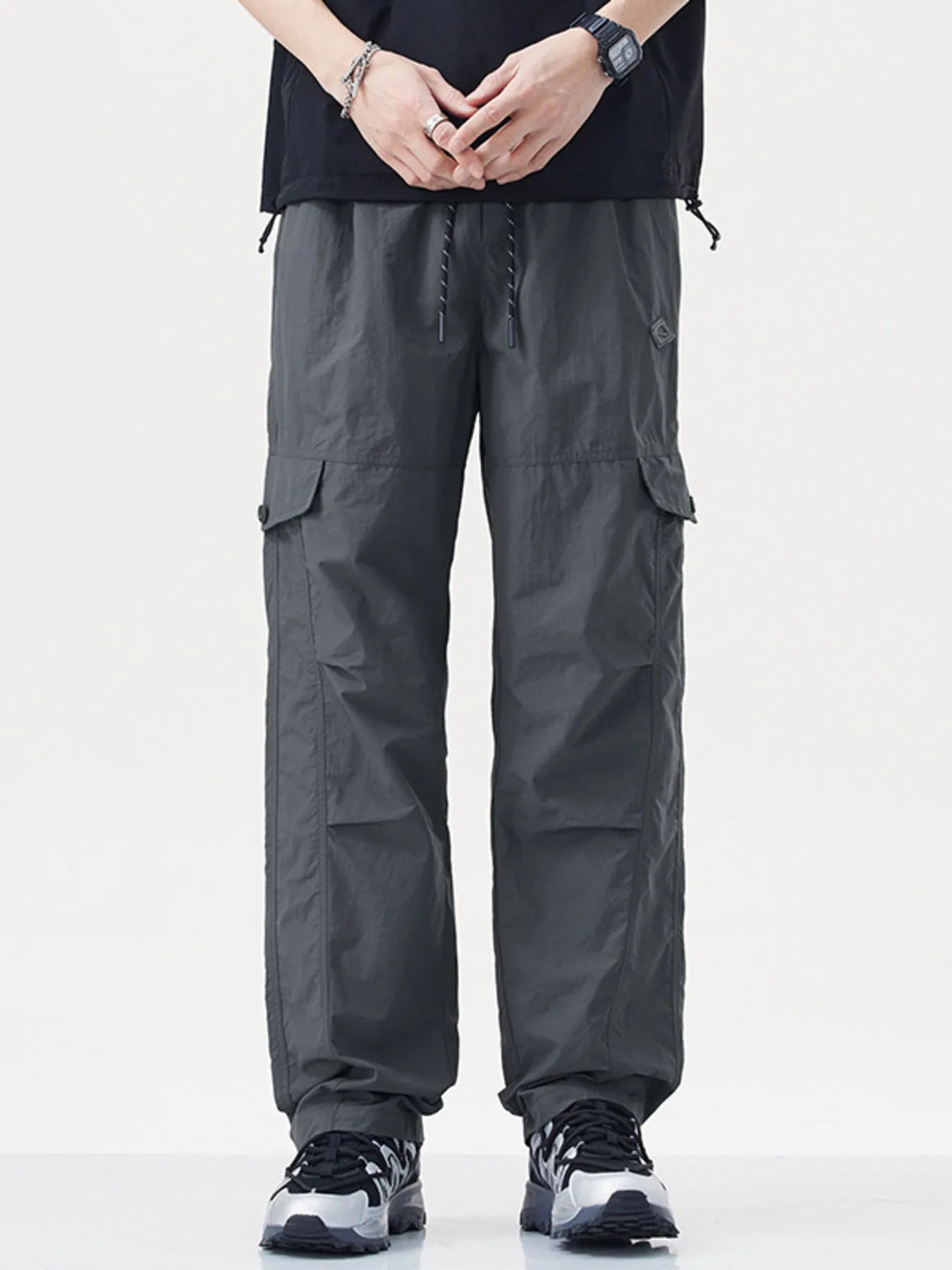 Plus Size Relaxed Fit Cargo Pants with Drawstring in Navy Blue for Men