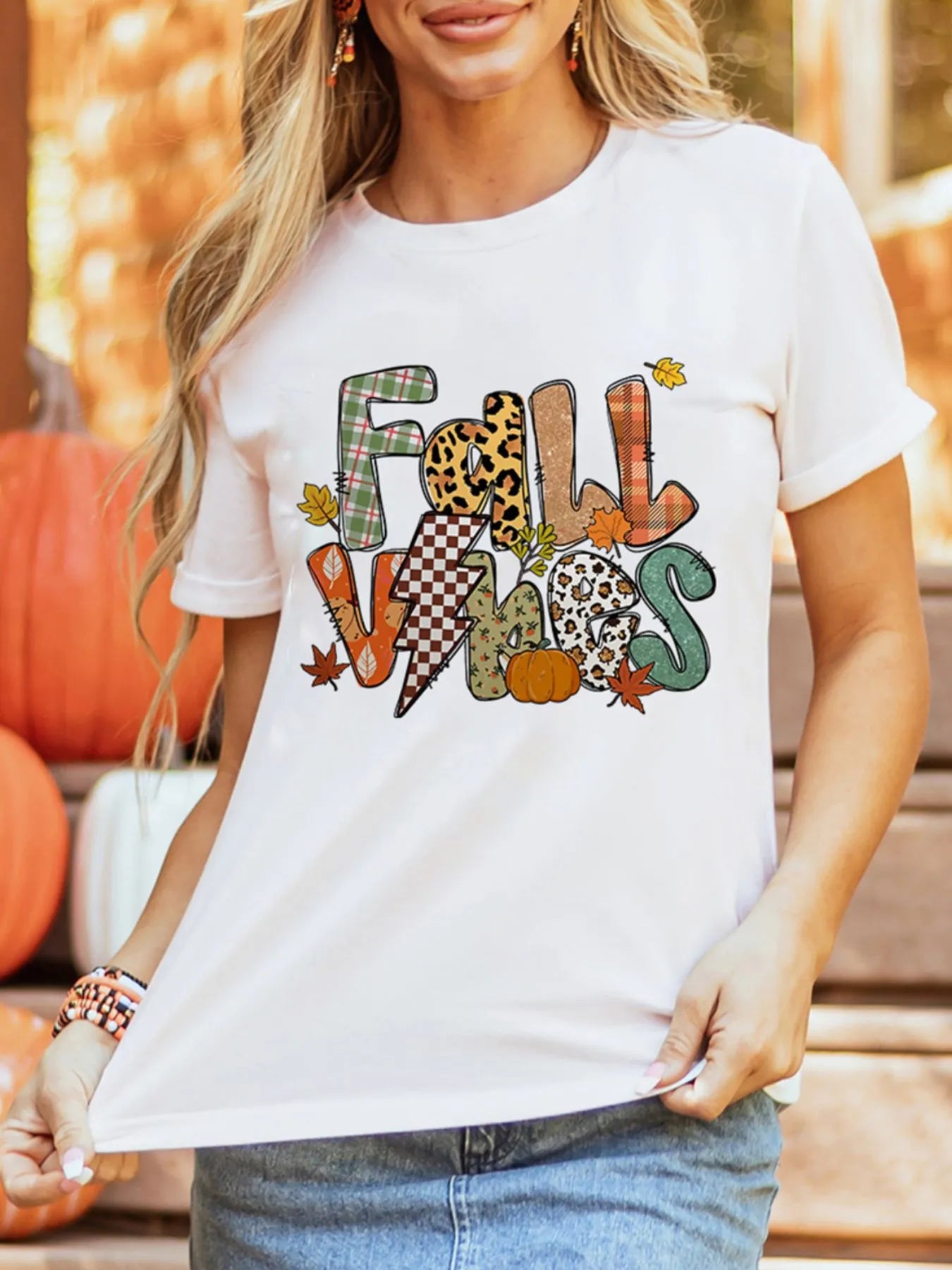 Fall Vibes Cotton Blend Casual T-Shirt in White for Women