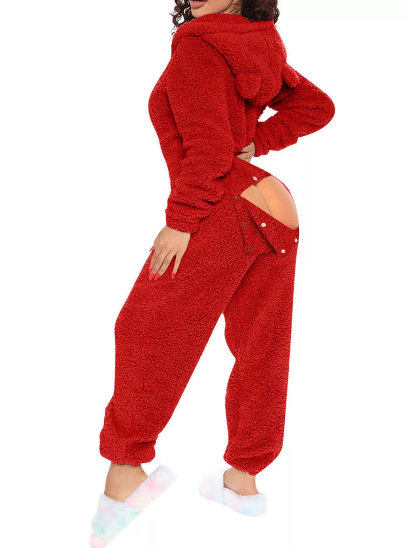 Fleece Hooded Open Back Jumpsuit in Pink for Women
