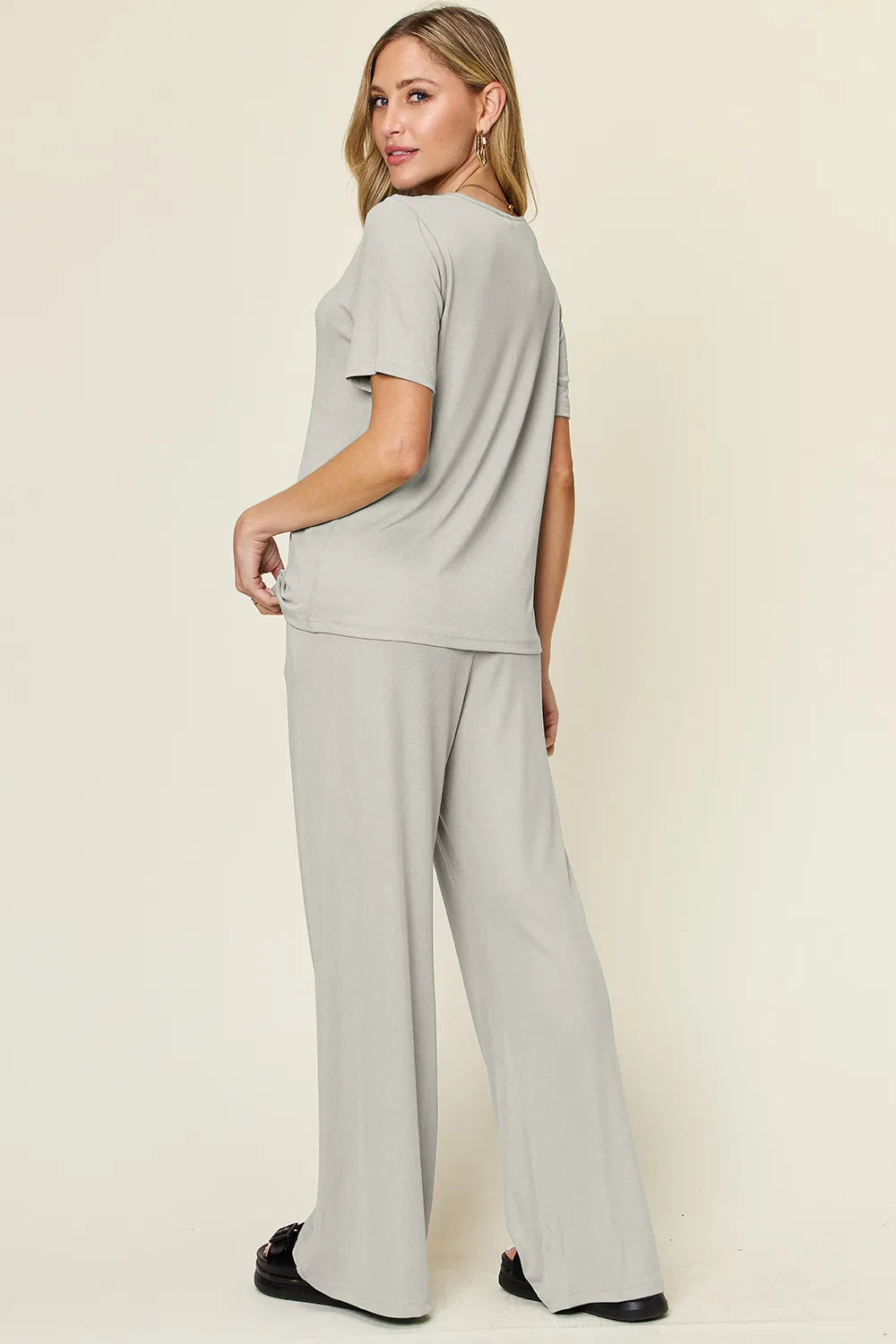 Plus Size Round Neck Short Sleeve T-Shirt and Wide Leg Pants Set in Light Gray for Women