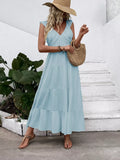 V-Neck Tiered Dress with Flutter Sleeves in Light Blue for Women