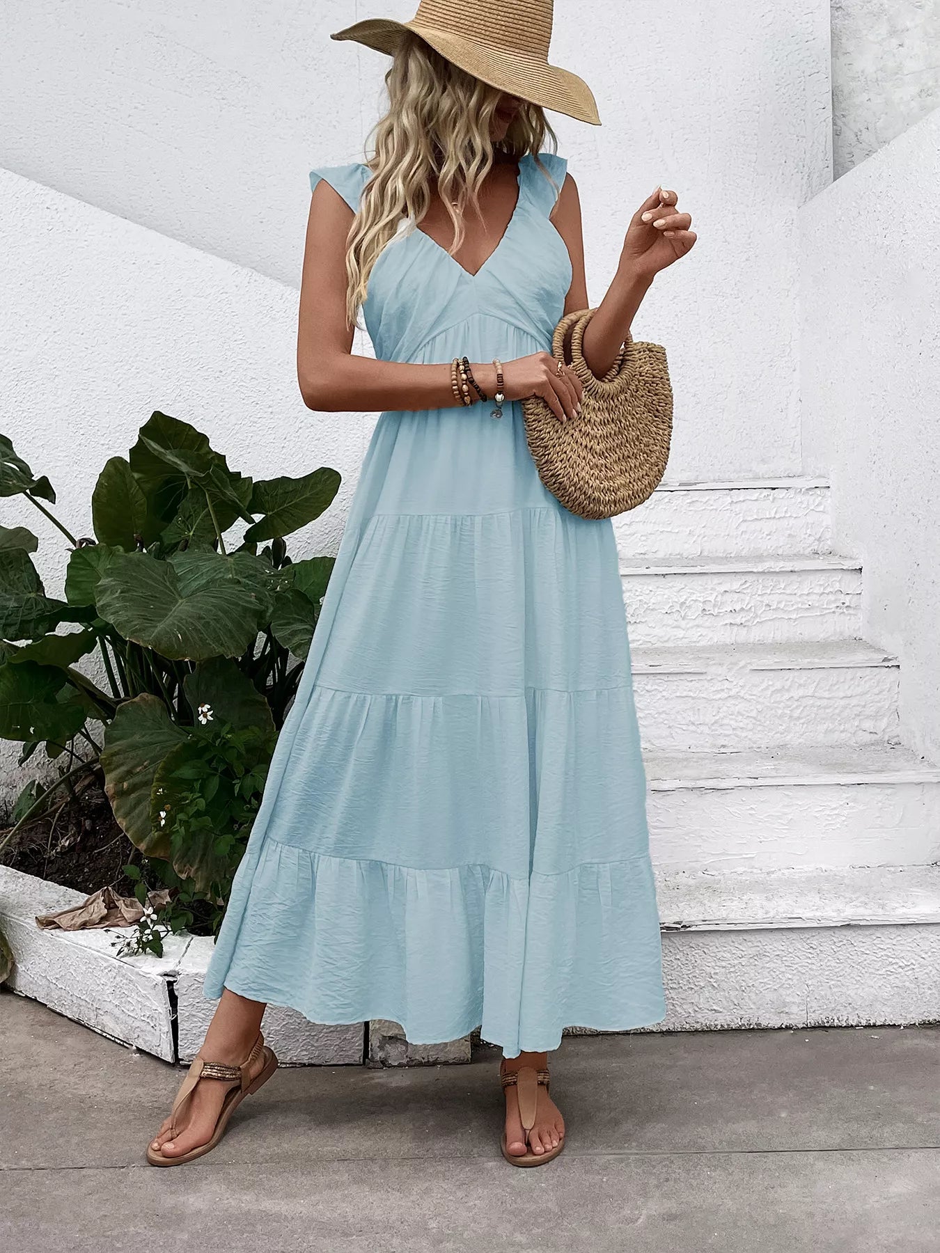 V-Neck Tiered Dress with Flutter Sleeves in Light Blue for Women