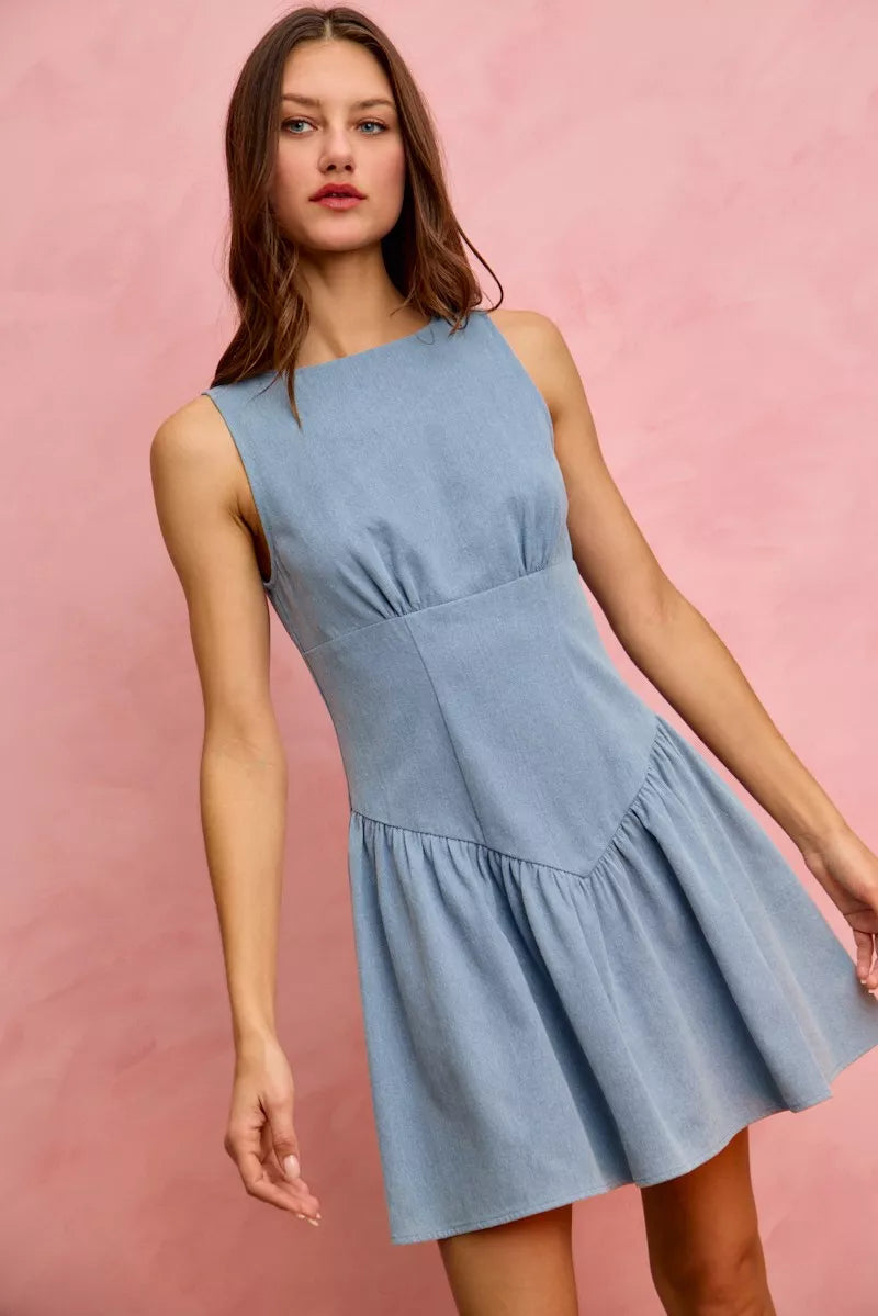 Fit and Flare Sleeveless Denim Mini Dress in Light Denim for Women