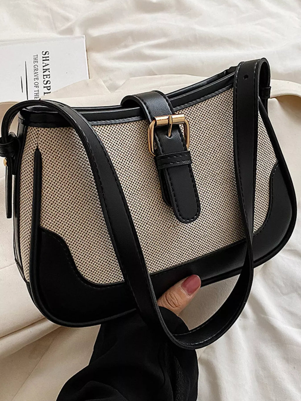 Contrast Buckle Shoulder Bag for Women