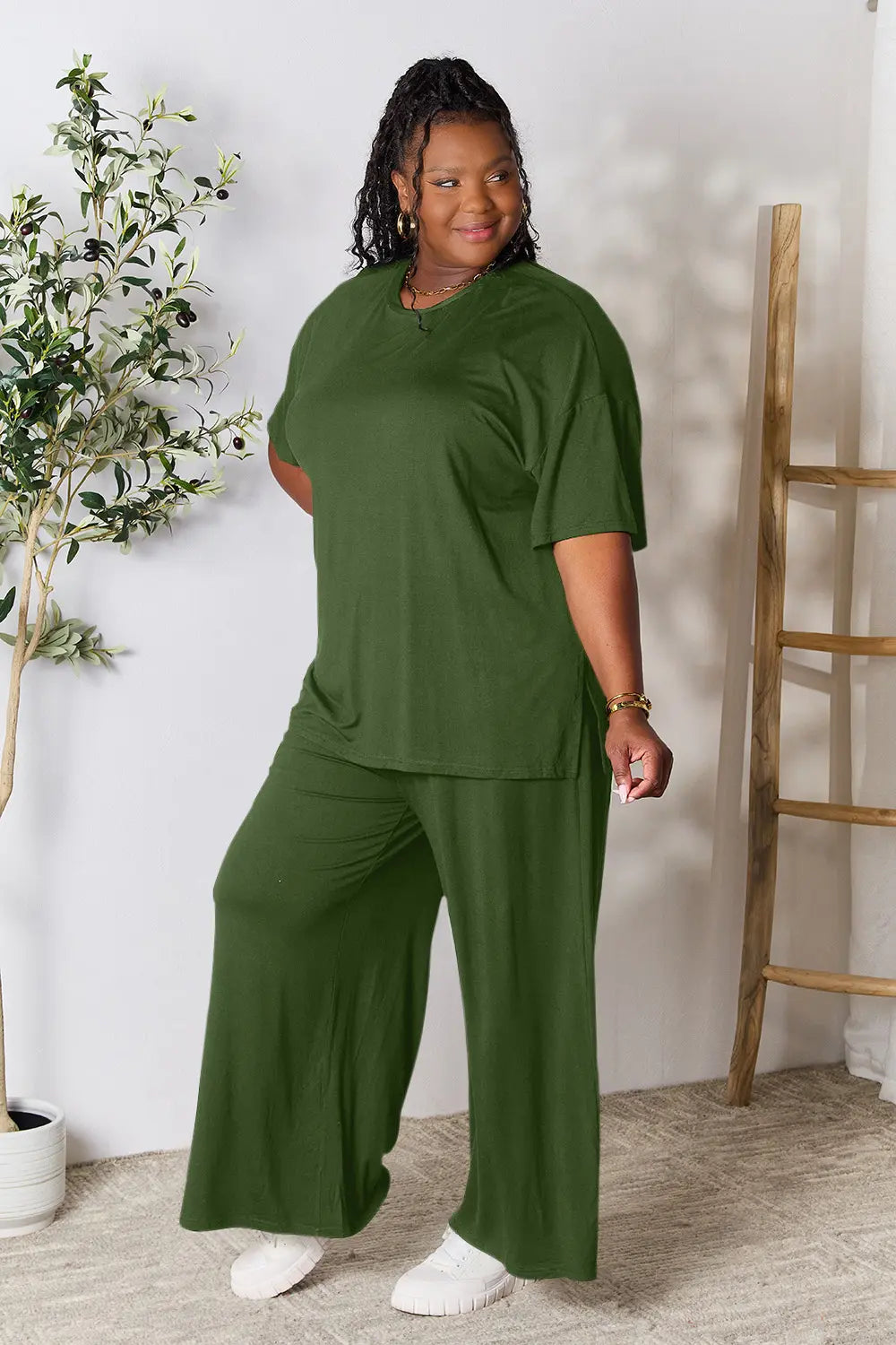 Plus Size Round Neck Slit Top and Pants Set in Army Green for Women