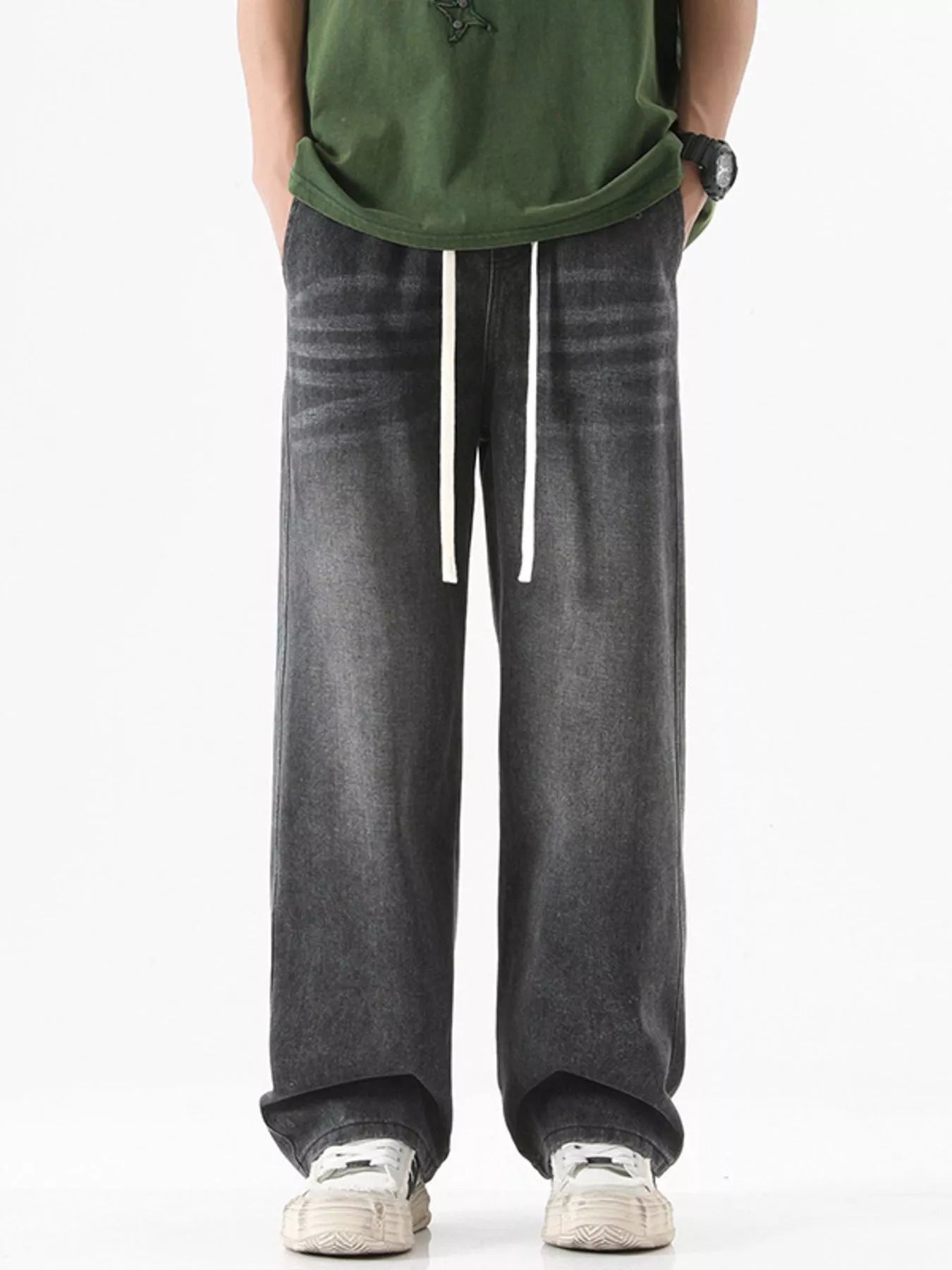 Drawstring Wash Wide Leg Jeans Plus Size in Vintage Blue for Men