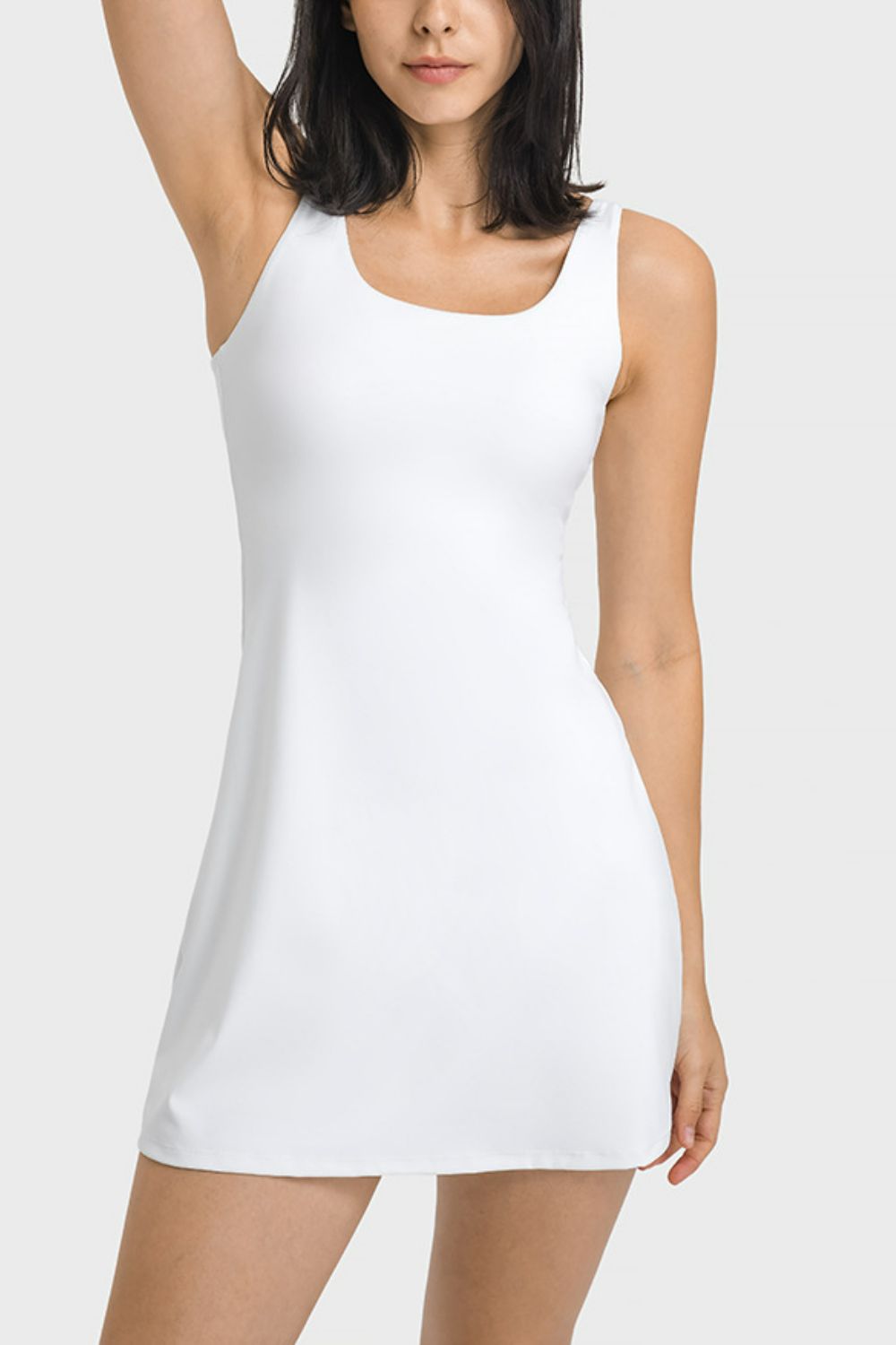 Square Neck Sports Tank Dress with Full Coverage Bottoms in Army Green for Women