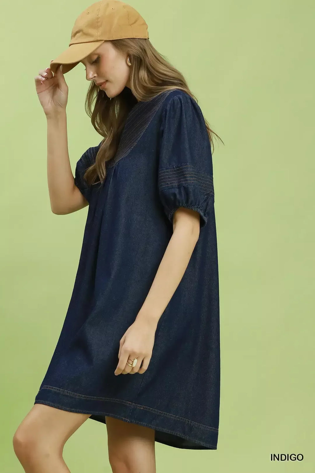 Notched Puff Sleeve Mini Dress with Pockets in Indigo for Women