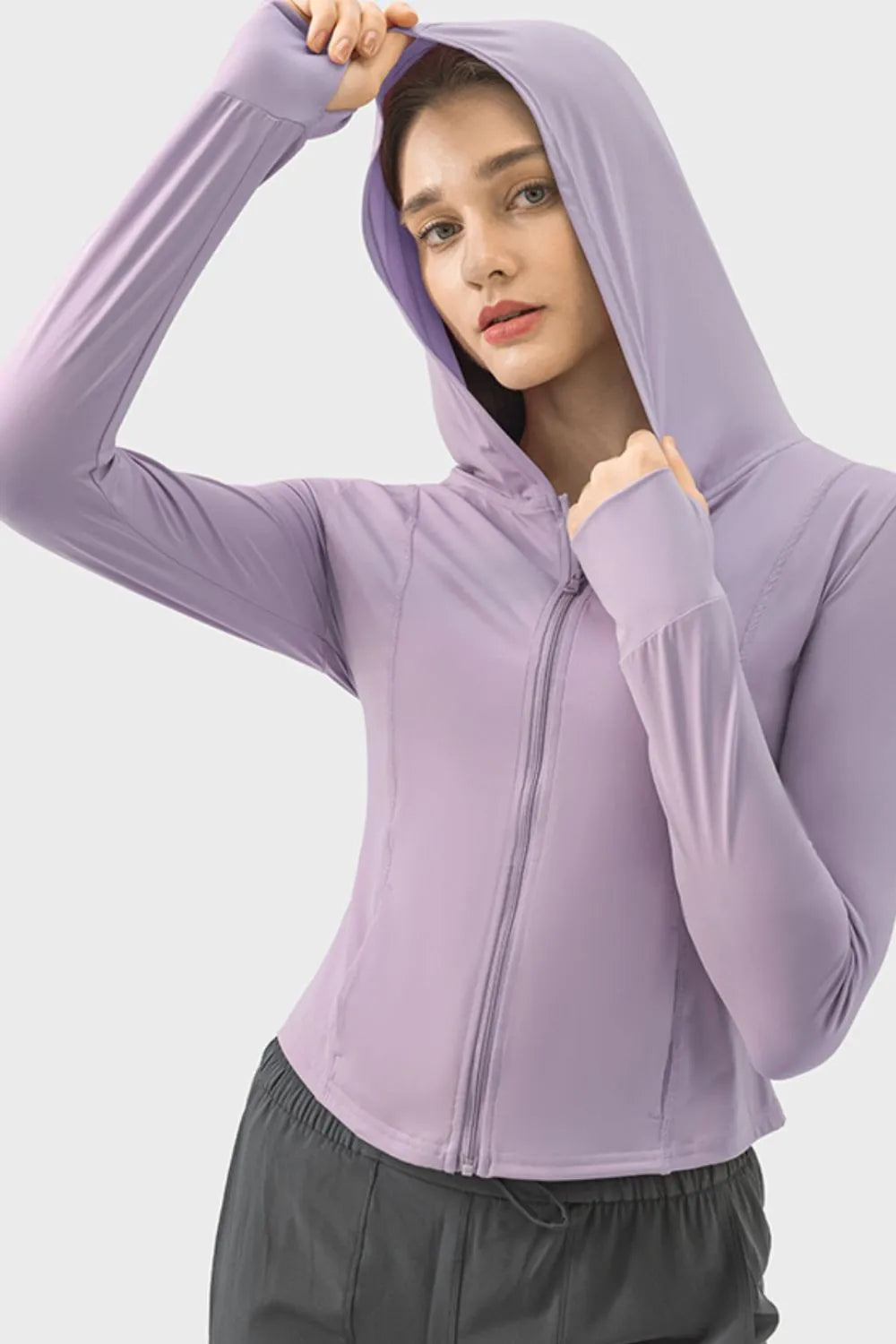 Pocketed Zip Up Hooded Long Sleeve Active Outerwear in Lavender for Women
