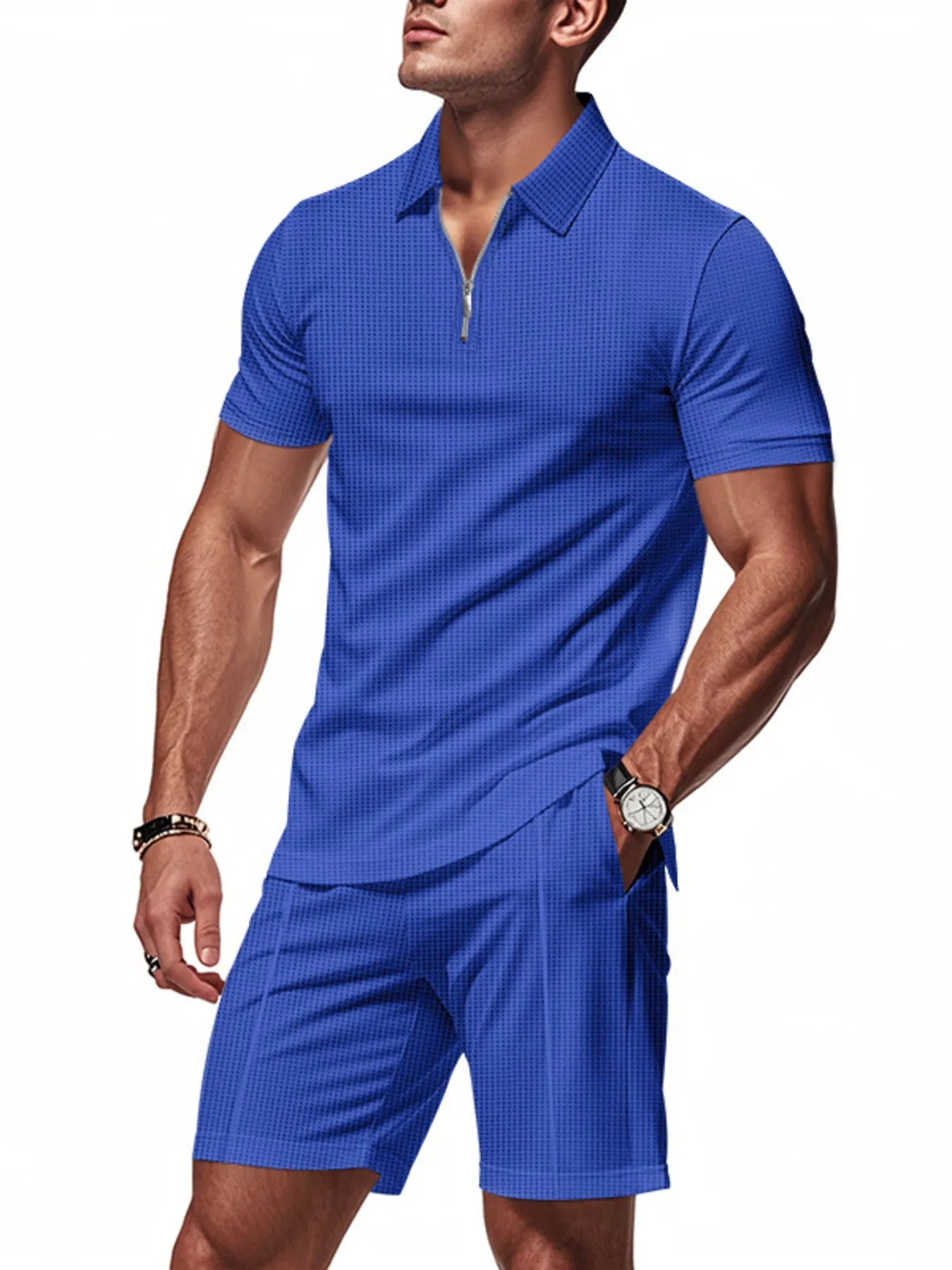 Plus Size Quarter Zip Short Sleeve Top and Shorts Set in Light Blue for Men