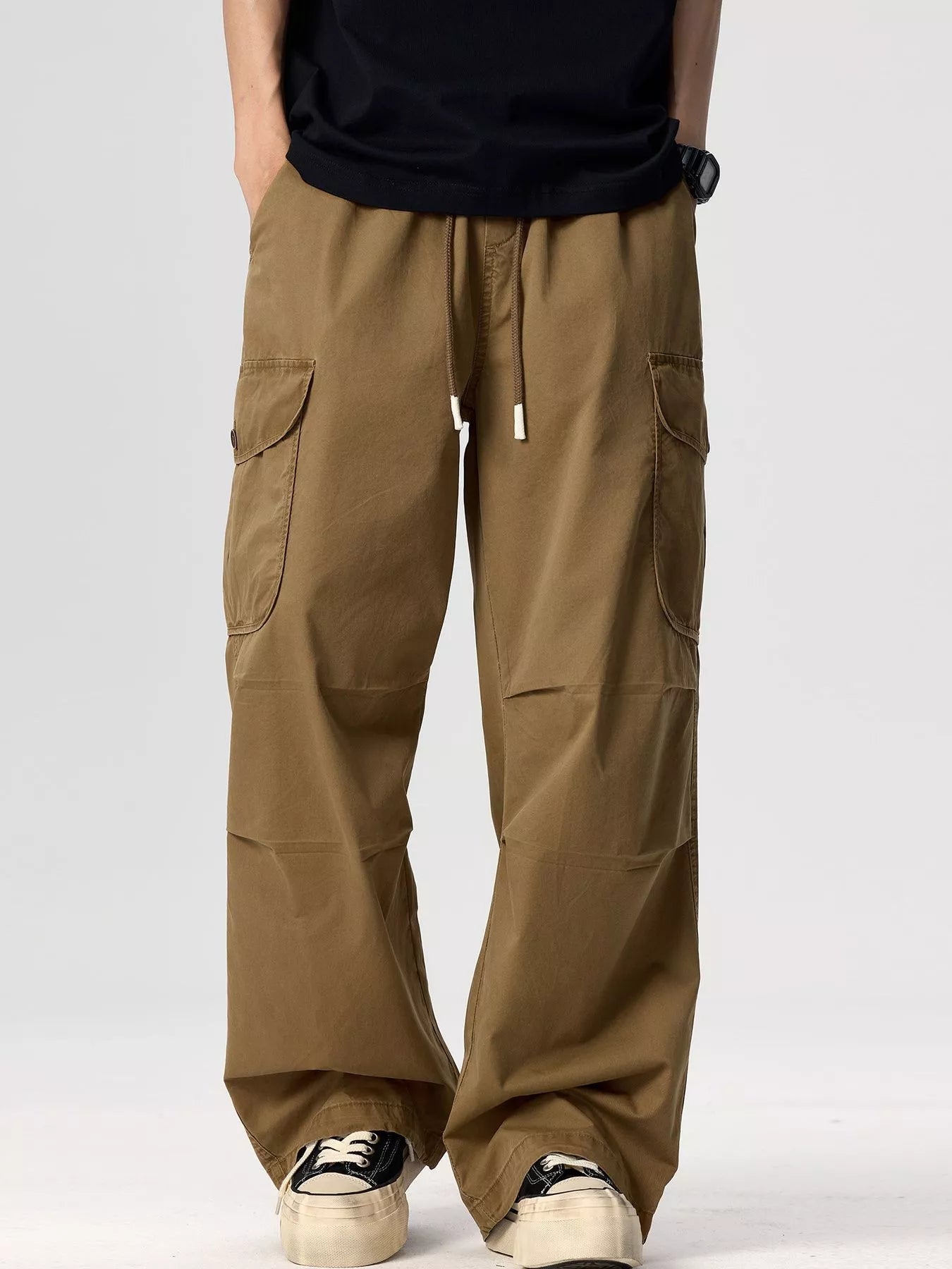 Plus Size Drawstring Wide Leg Cargo Pants in Deep Khaki for Men
