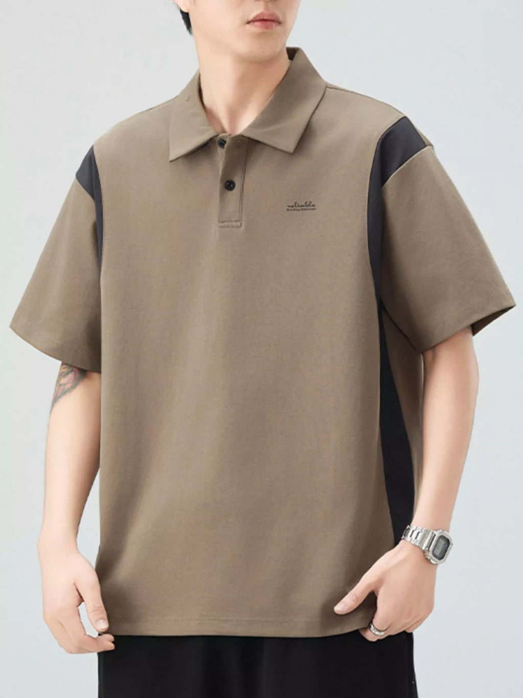 Plus Size Button Detail Short Sleeve Polo in Khaki Green in Purple for Men