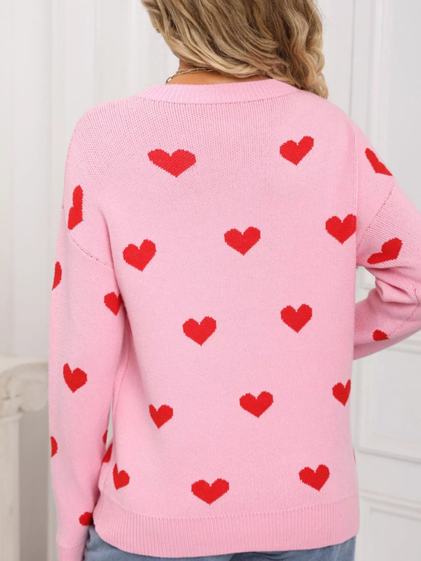Valentines Day Heart Pattern Dropped Shoulder Sweater in Rose Red for Women