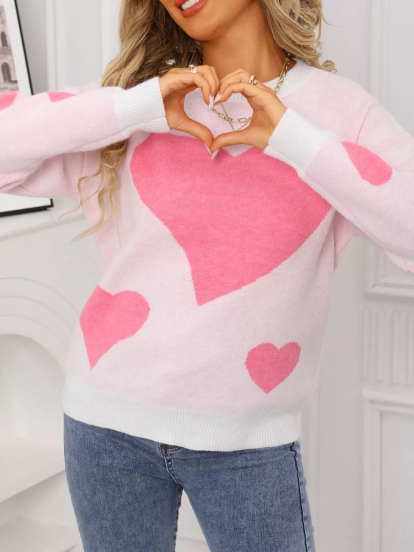 Valentines Day Heart Crew Neck Sweater in Classic in White for Women