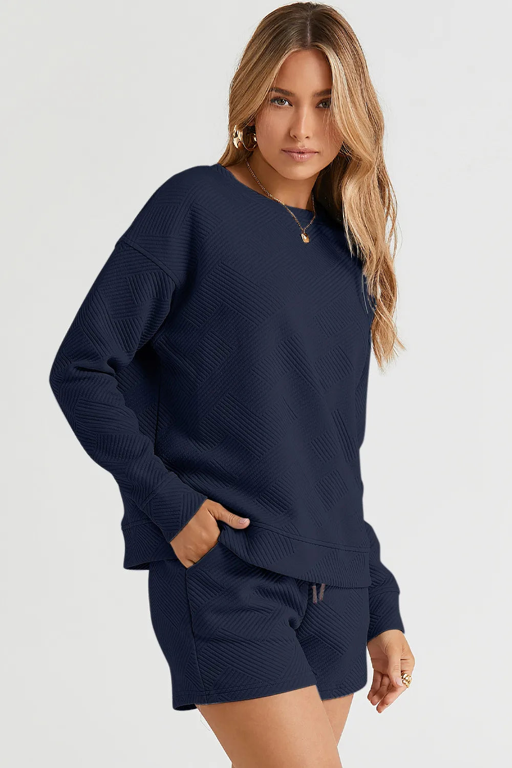 Plus Size Texture Long Sleeve Top and Drawstring Shorts Set in Navy for Women
