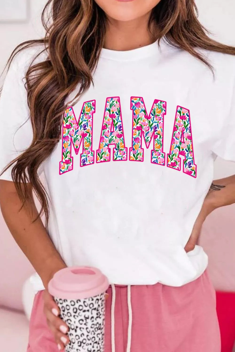 Floral Mama Graphic Casual Short Sleeve T-Shirt Plus Size in White for Women