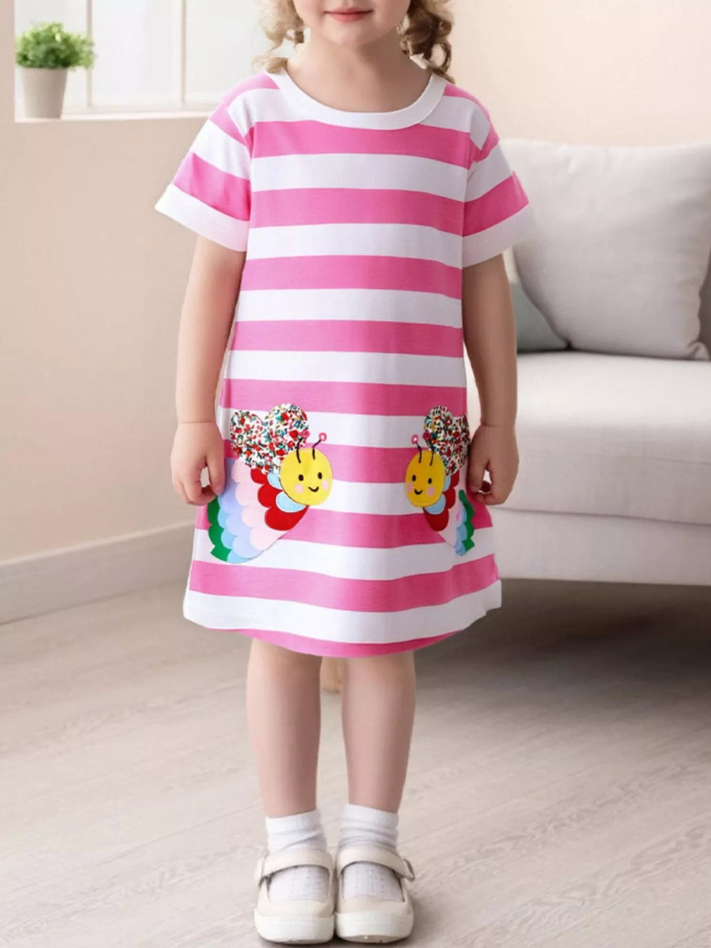 Bee Embroidered Striped Casual Dress in Pink for Girls