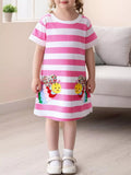 Bee Embroidered Striped Casual Dress in Pink for Girls
