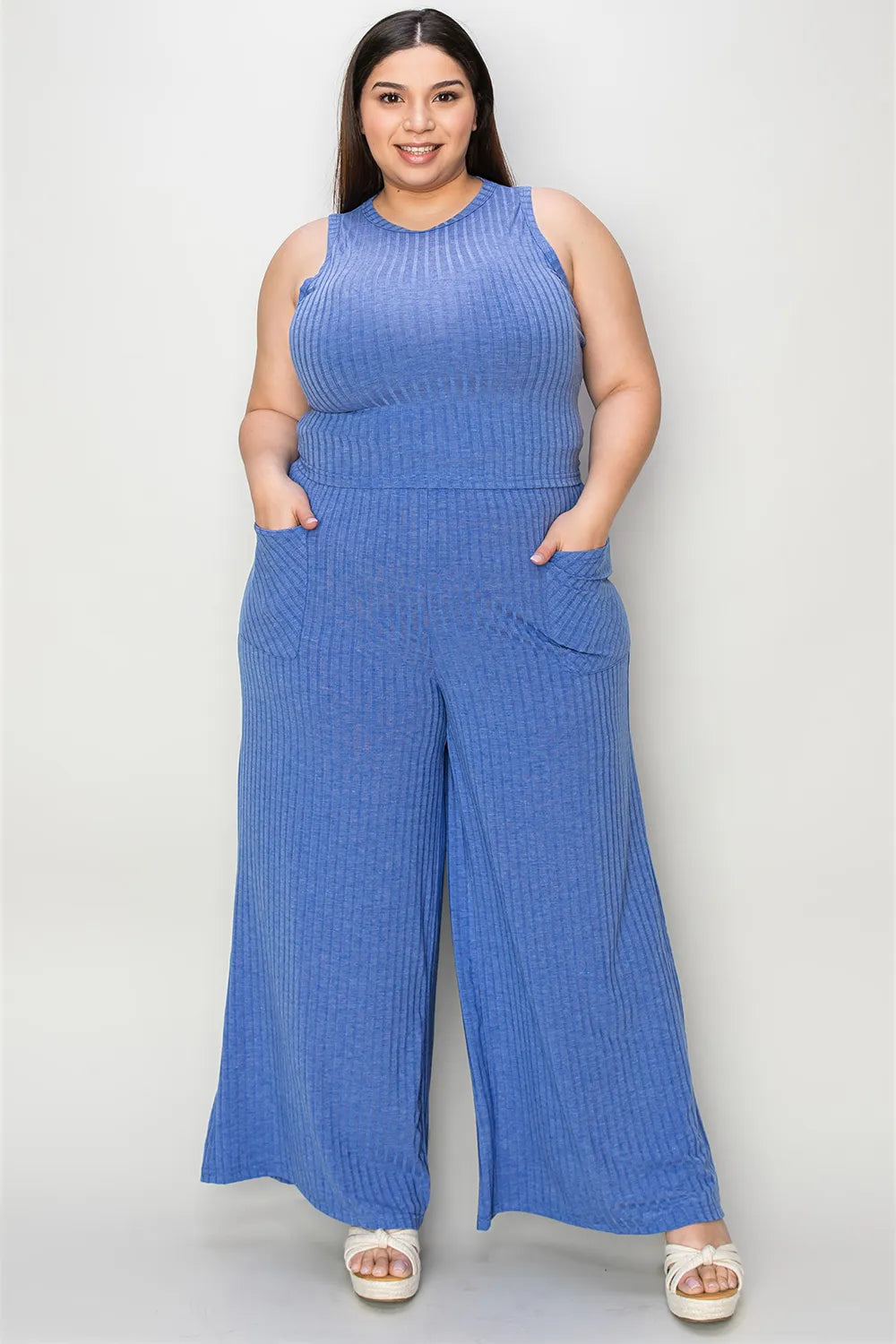 Plus Size Ribbed Tank and Wide Leg Pants Set in Black for Women