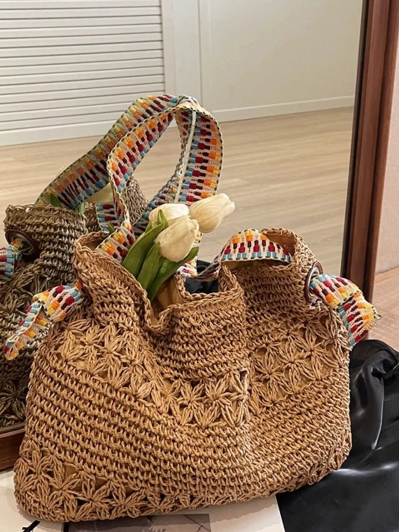 Woven Straw Shoulder Bag in Khaki for Women