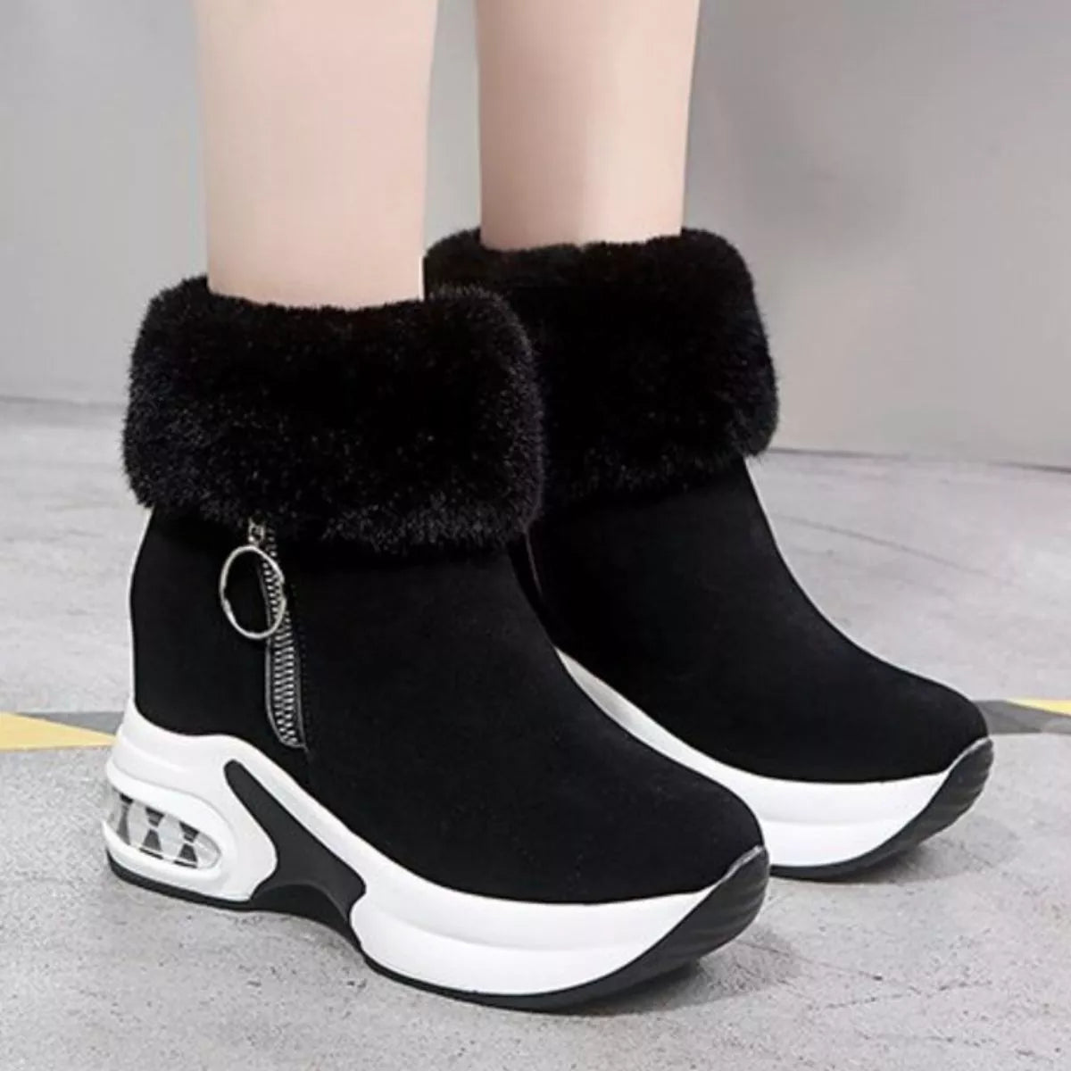 Fuzzy Side Zipper Platform Ankle Boots in Black for Women