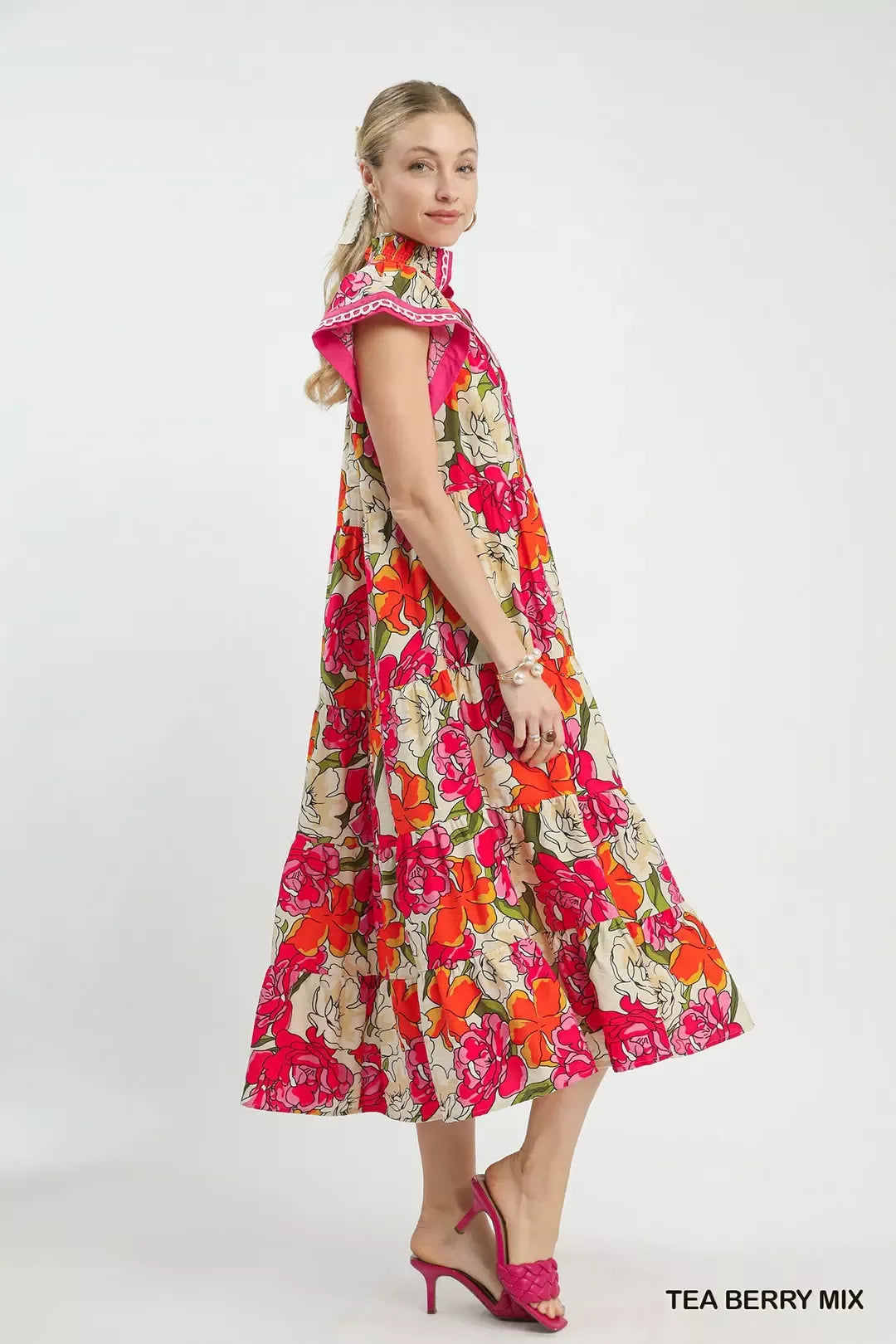Mix Bold Floral Tiered Midi Dress in Tea Berry Mix for Women