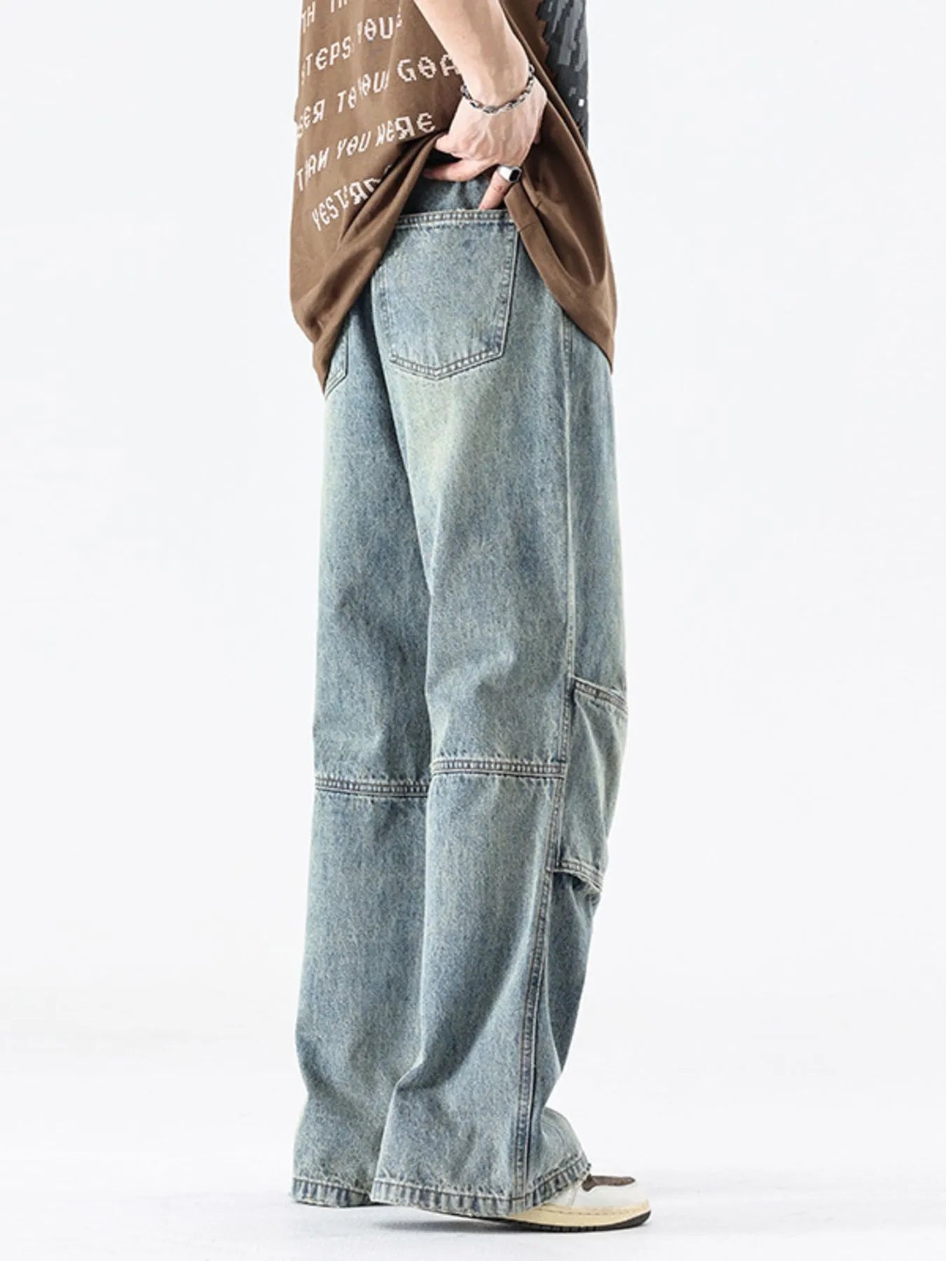 Vintage Wide Leg Utility Jeans with Multi-Panel Design for Men
