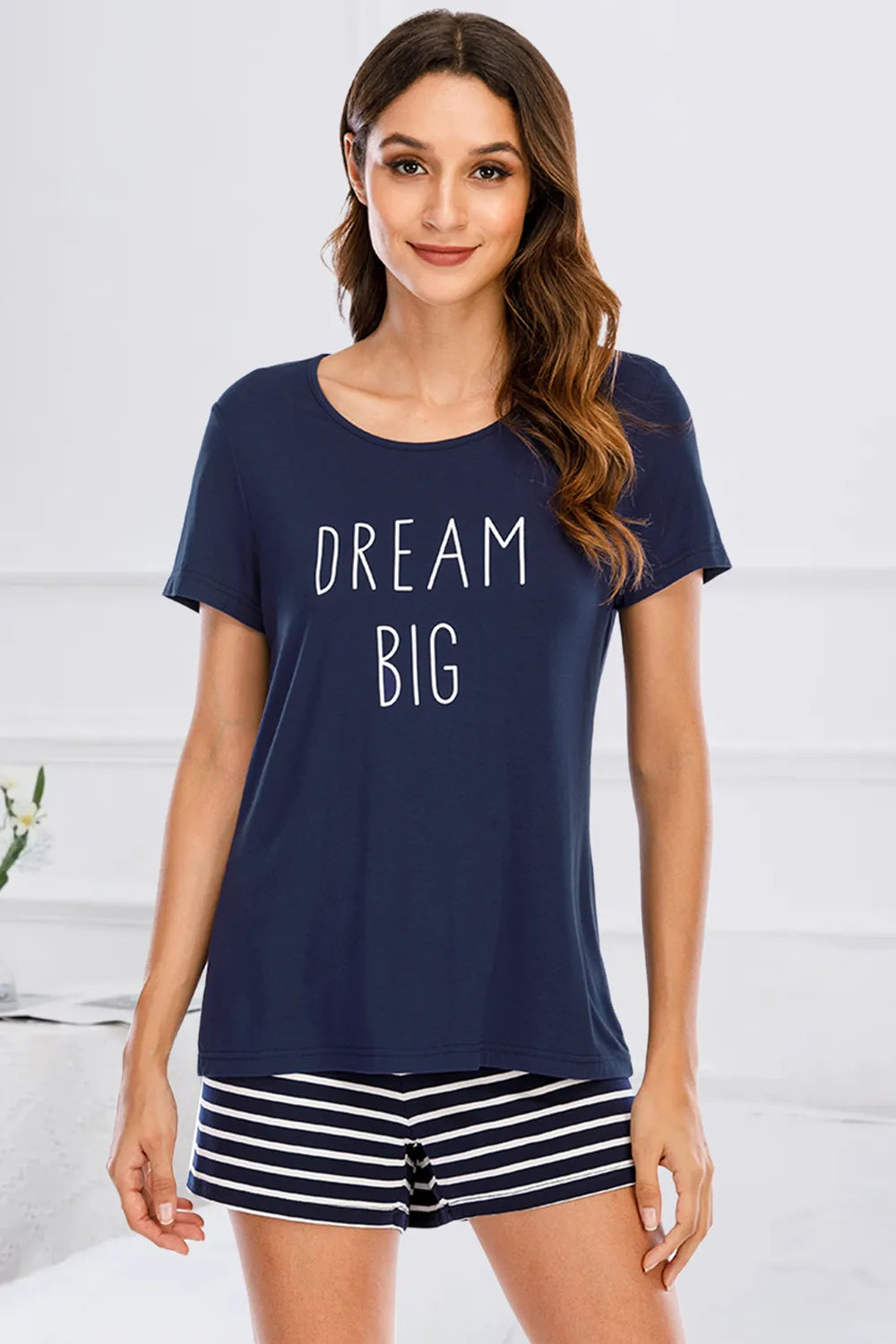 Graphic Round Neck Top and Striped Shorts Lounge Set in Dark Blue for Women