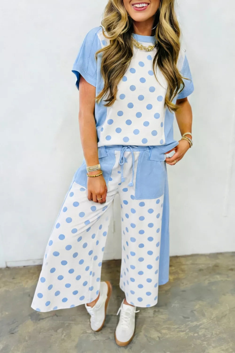Color Block Patchwork Polka Dot Wide Leg Pant Set in Light Blue for Women