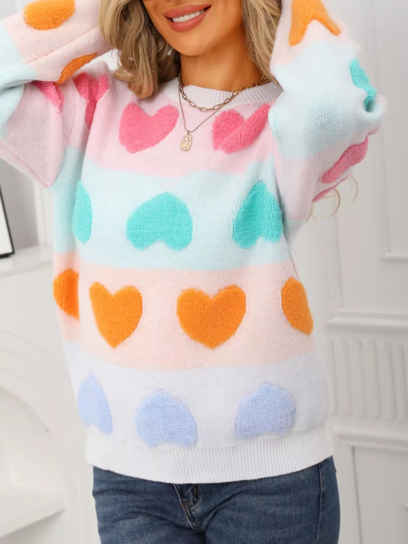 Valentines Day Heart Pattern Fuzzy Knit Sweater in White for Women