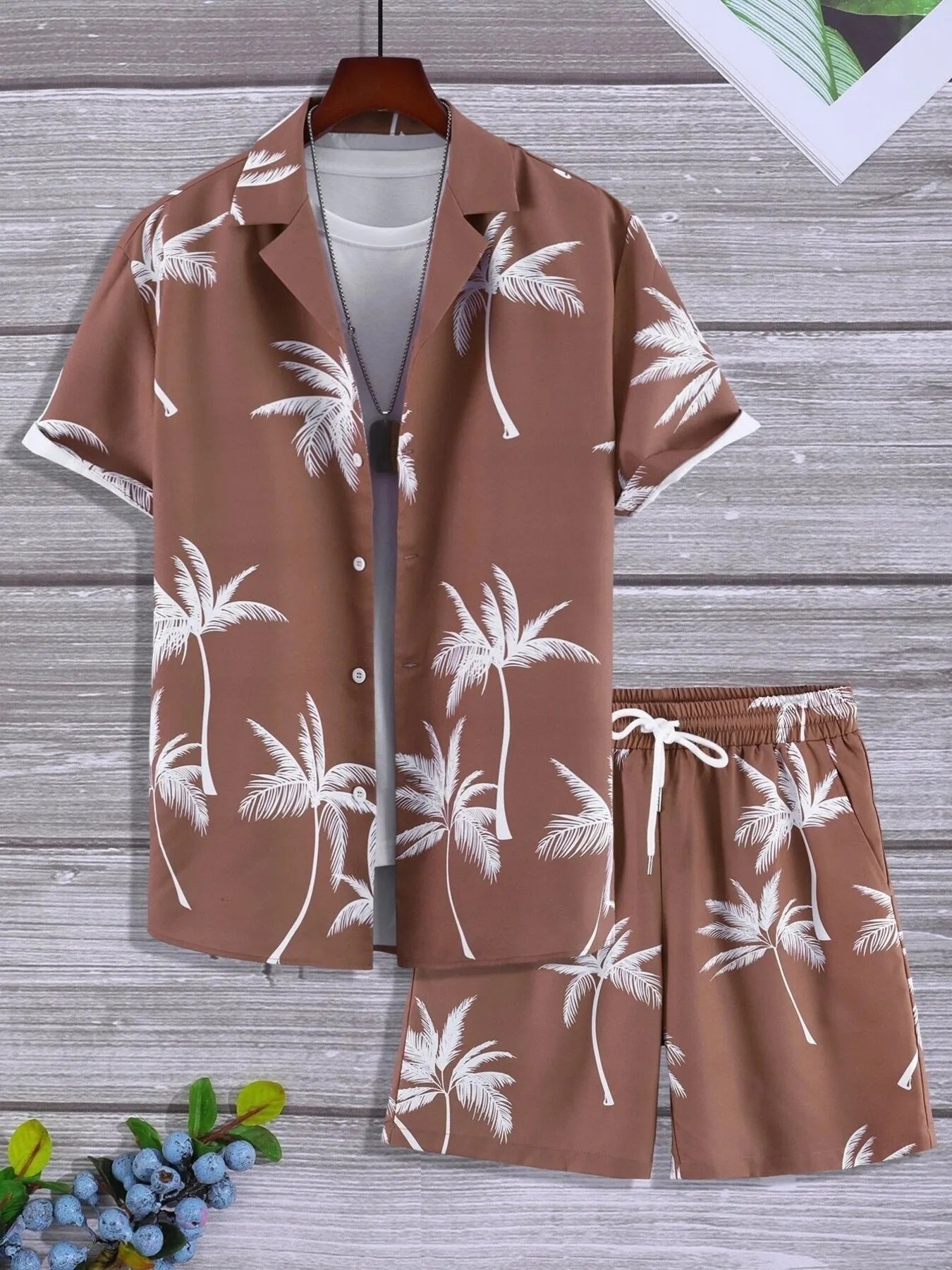 Palm Print Button Up Shirt and Shorts Set Plus Size in Pink for Men