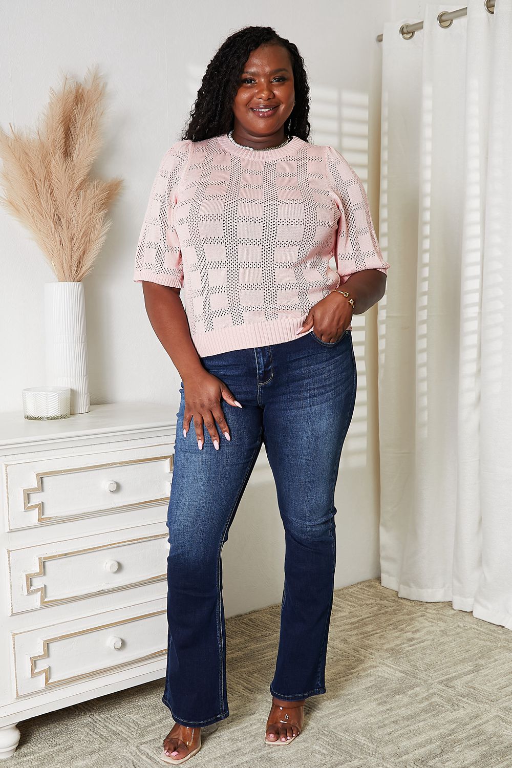 Ribbed Trim Round Neck Knit Top for Women