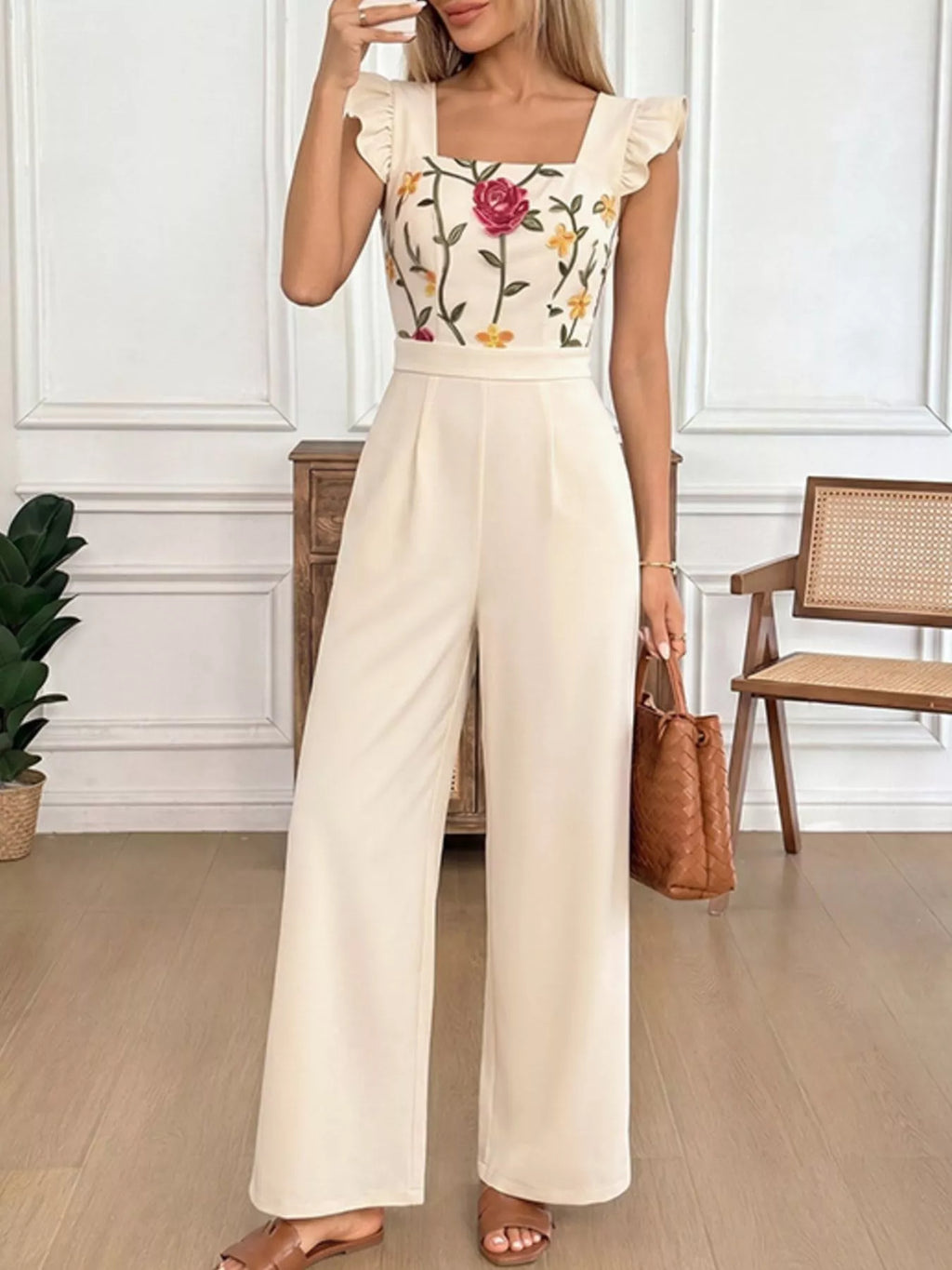 Floral Embroidered Ruffle Trim Jumpsuit in Beige for Women