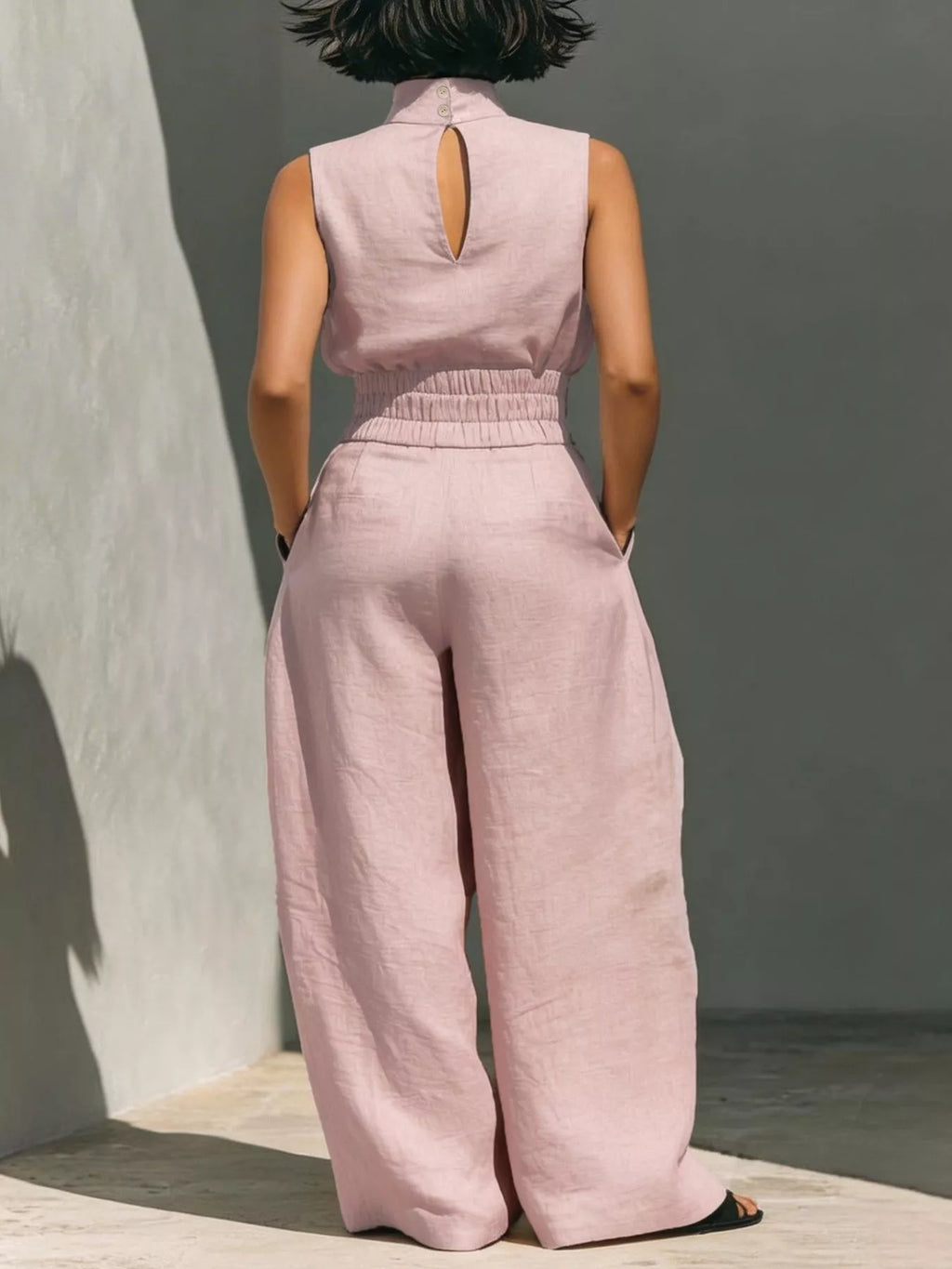 Turtleneck Sleeveless Top and Wide Leg Pants Set in Sky Blue for Women