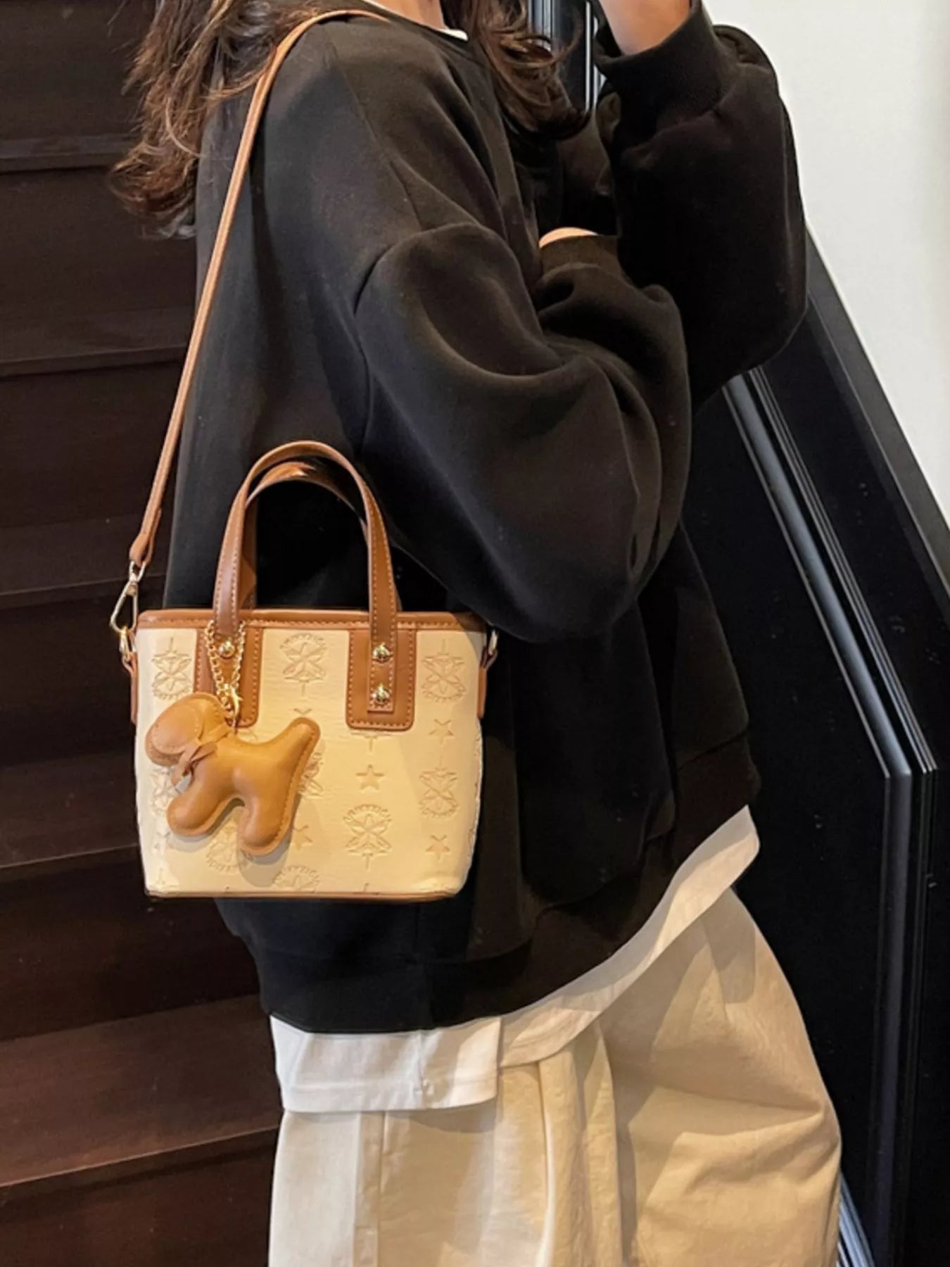 Embossed Pattern Dog Charm Crossbody Bag for Women