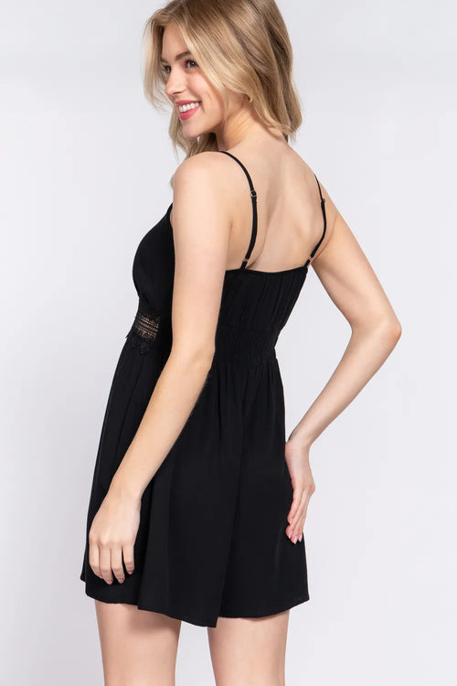 Active Basic Waist Lace Trim Cami Romper in Black for Women